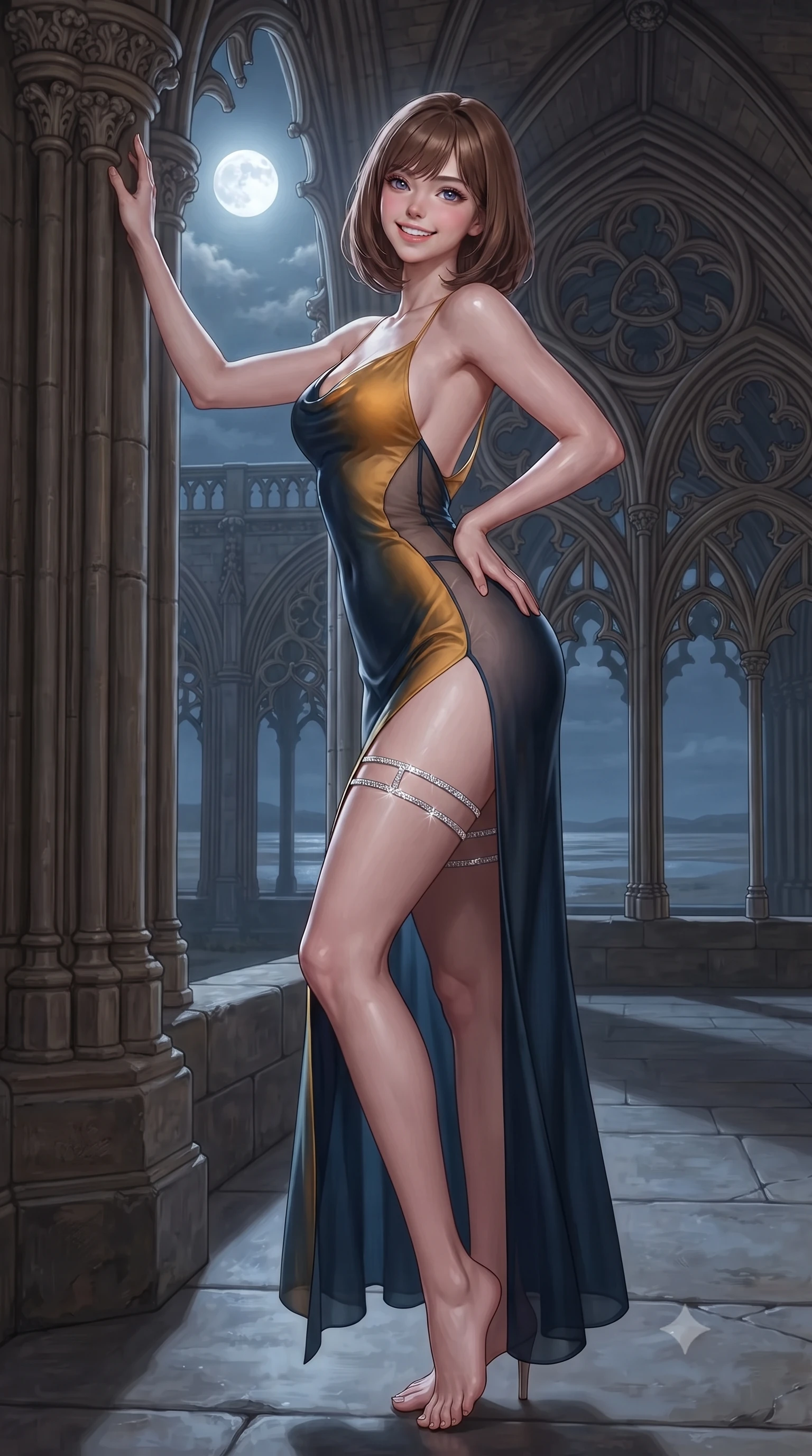 score_9, masterpiece, best quality, ultra-detailed, high-budget anime keyframe, editorial fashion photography, tasteful artistic composition, Caucasian woman. low angle full-body shot from head to toe showing her feet, filling the entire 9:16 vertical frame with her statuesque presence, stretching her vertical silhouette. standing tall beside the architectural column, one hand resting high while arching her lower back to emphasize her sculpted feminine hips and slender waist while twisting her slender torso in an alluring contrapposto stance on the polished stone walkway, silvery moonlight caressing her narrow waist and curvy hips. The surrounding environment is rendered in vivid detail and crisp panoramic clarity: detailed garment tailoring, delicate trims, and 13th-century UNESCO gothic architecture in high resolution. She has an exceptionally tall and slender model-like 8.5-heads proportion, an ultra-slim waist, a flat toned midriff, narrow delicate ribcage, and beautifully sculpted feminine hips creating a graceful, slim hourglass silhouette without any bulky heaviness, with impossibly long slender legs. sharp v-shaped jawline, high-bridge nose, intricate jewel-like sparkling eyes with depth, thick eyelashes, glossy parted lips with a natural peach sheen, bright cheerful beaming smile with an enchanting and coquettish sensual glint, exuding both youthful cute charm and seductive allure, flawlessly proportioned anatomical accuracy, strict slender model proportions, natural body alignment, perfectly sculpted long slender limbs, ultra-slim waistline, clean dynamic posture without body distortion. wearing a form-contouring gossamer silk chiffon slip dress with a hip-high slit and open cowl back clinging with dewy moisture in Lofoten midnight sun golden amber and Arctic deep navy, featuring strategic sheer-illusion tulle side panels framing her ribcage and hips, finished with delicate crystal-encrusted thigh garter straps glinting in the dim light, the precision-cut side openings and low-back scoop framing her graceful spine and the sensual sweep of her slim, toned hips. bathed in the mystical silver 5200K illumination of the full moon reflected across tidal sands mixed with soft amber cloister lanterns. ultra-reflective glossy finish, specular highlights, rich textural contrasts, high-contrast stereoscopic depth, volumetric dynamic lighting, 2k, ultra detail, master piece, 9:16 ratio