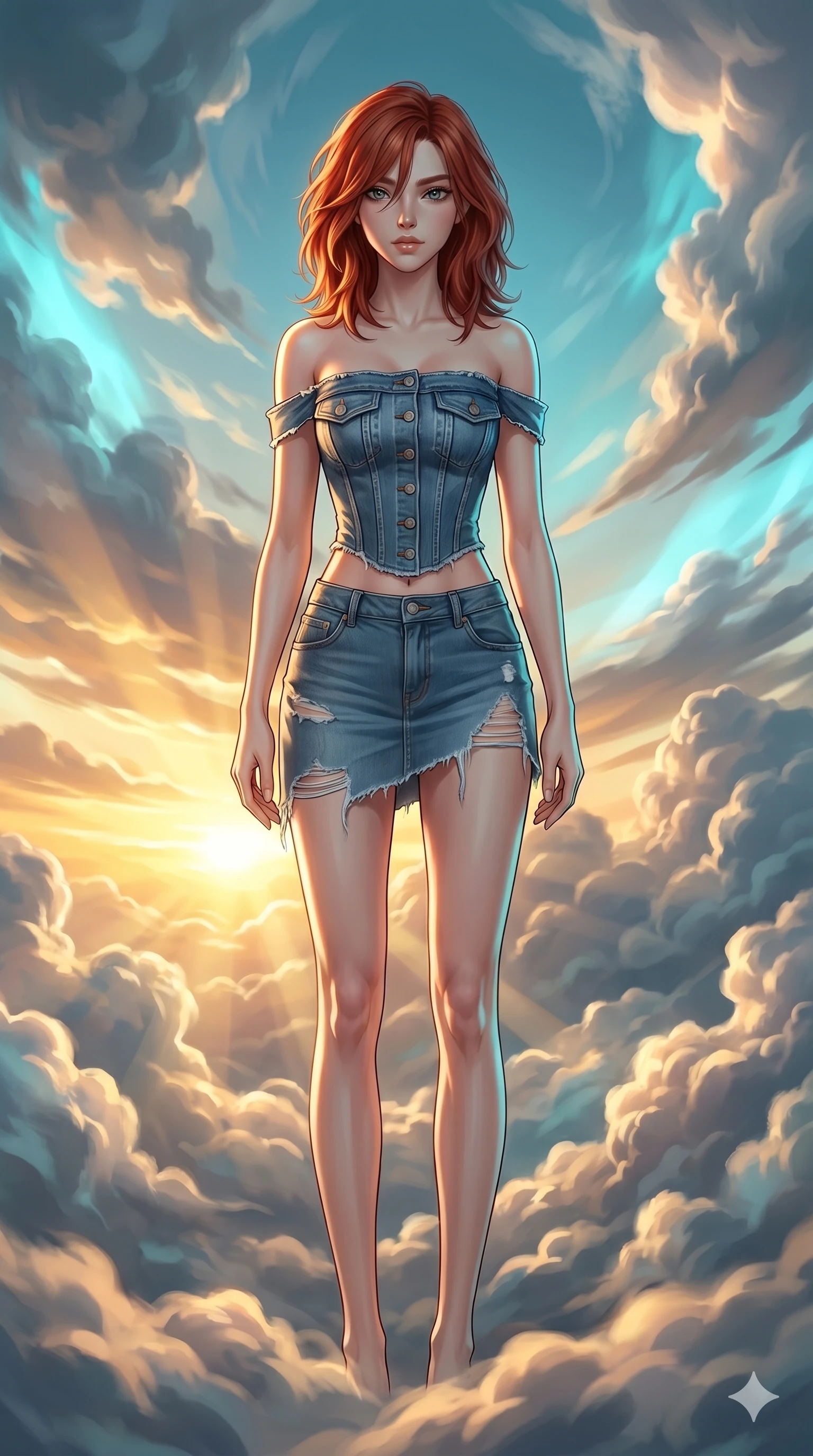 score_9, masterpiece, best quality, ultra-detailed, high-budget anime keyframe, Japanese woman. low angle full-body shot filling the entire 9:16 frame with her statuesque presence, stretching the vertical silhouette. threading through a volumetric cloud weave where storm clouds are spun like silk thread under a dramatic sunset glow. She has an absolutely perfect 8-heads proportion, an exceptionally tall and slender female figure with impossibly long slender legs and an ultra-slim waist. V-shaped jawline, high-bridge nose, intricate jewel-like eyes with depth, thick eyelashes, glossy lips with a natural sheen.. wearing a deconstructed denim corset and an asymmetric ripped denim micro-skirt, showcasing a rugged yet chic off-shoulder style. showcasing a beautiful play of light and shadow, with warm golden rays clashing against cool cyan highlights. 2k, ultra detail, master piece, 9:16 ratio
