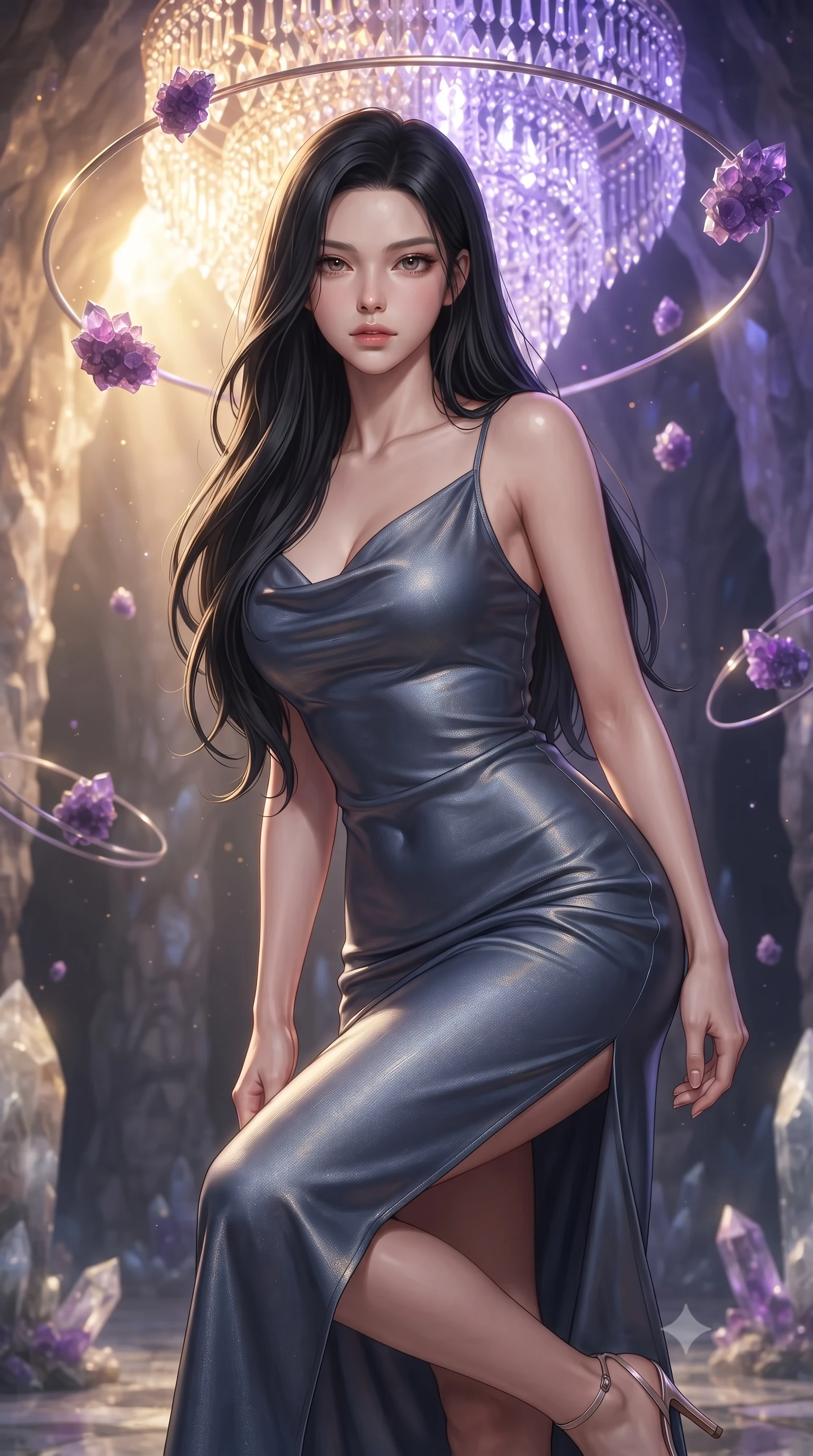 score_9, masterpiece, best quality, ultra-detailed, high-budget anime keyframe, editorial fashion photography, tasteful artistic composition, Korean woman. close-up cowboy shot from the waist and thighs up, the character dominates the composition, filling the frame with her large presence, background elements kept in soft focus. Leaning slightly forward with a composed, seductive gaze under soft glowing light poised beneath a giant crystal chandelier refracting subterranean sunlight, floating amethyst clusters drifting in smooth circular orbits. She has an exceptionally elegant, slender, and willowy female figure with an ultra-slim waist, a gracefully sculpted slender torso, and a refined silhouette. sharp v-shaped jawline, high-bridge nose, intricate jewel-like eyes with depth, thick eyelashes, glossy lips with a natural sheen. wearing an elegant cowl-neck satin midi dress with a draped neckline in slate blue and metallic silver, crafted from smooth liquid silk, finished with a sleek side slit ascending to mid-thigh, the sleek second-skin texture accentuating her magnetic presence. lit by warm golden sunlight colliding with cool violet crystal illumination. ultra-reflective glossy finish, specular highlights, metallic sheen, high-contrast stereoscopic depth, volumetric dynamic lighting, 2k, ultra detail, master piece, 9:16 ratio
