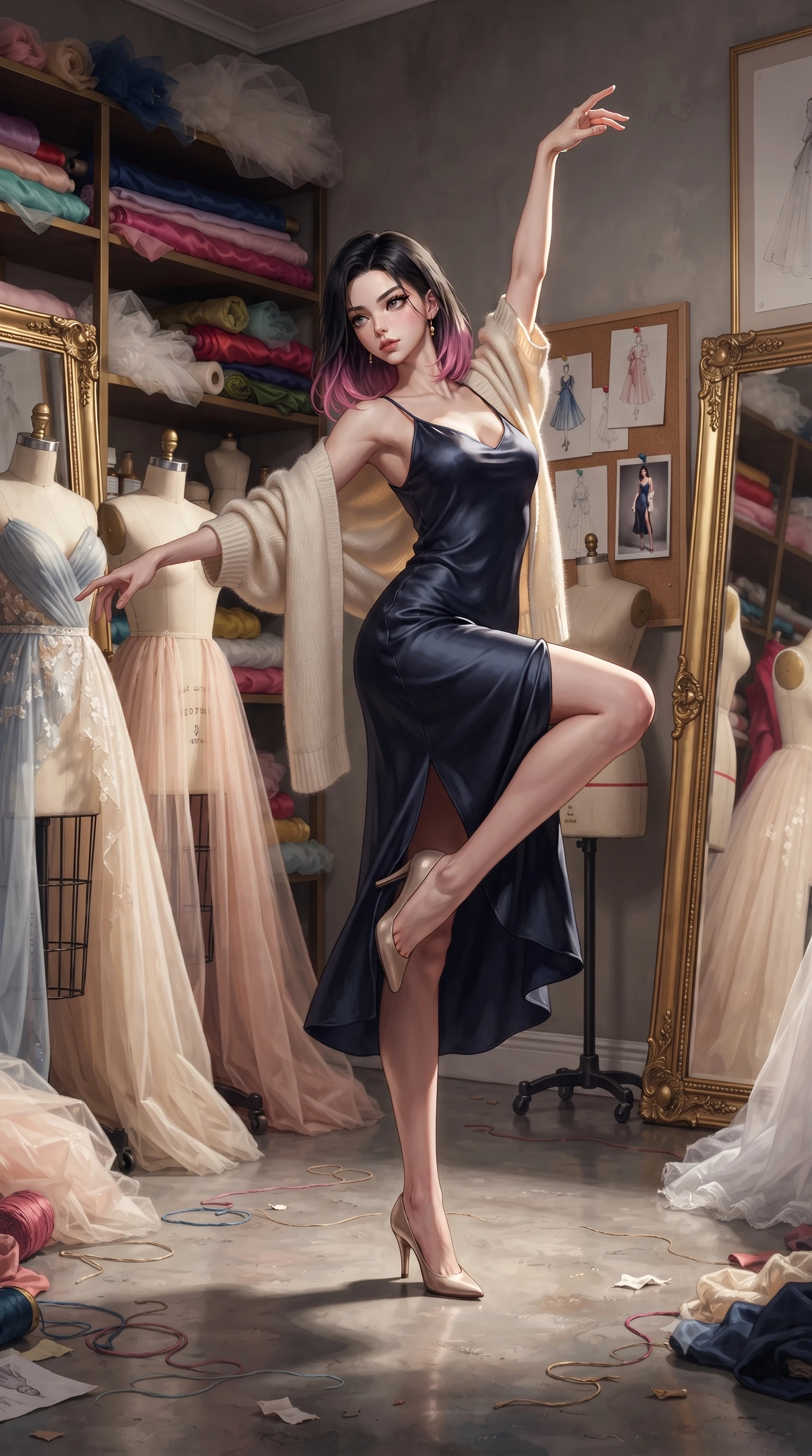 score_9, masterpiece, best quality, ultra-detailed, high-budget anime keyframe, editorial fashion photography, tasteful artistic composition, Korean woman. low angle full-body shot from head to toe showing her feet, filling the entire 9:16 vertical frame with her statuesque presence, stretching her vertical silhouette. dancing with weightless grace through a luxury fashion designer's private studio with elegant dress forms draped in half-finished couture gowns bolts of silk and tulle stacked on shelves fashion sketches pinned everywhere and gilt-framed mirrors. She has a statuesque 8.5-heads proportion, an exceptionally tall, slender and willowy model-like build with impossibly long legs and a highly sculpted ultra-slim waist. sharp v-shaped jawline, high-bridge nose, intricate jewel-like eyes with depth, thick eyelashes, glossy lips with a natural sheen. wearing a deep navy silk slip midi dress featuring a tasteful side thigh slit, layered with a soft cream knit shawl. dramatic chiaroscuro with a single golden key light sculpting her silhouette. 2k, ultra detail, master piece, 9:16 ratio