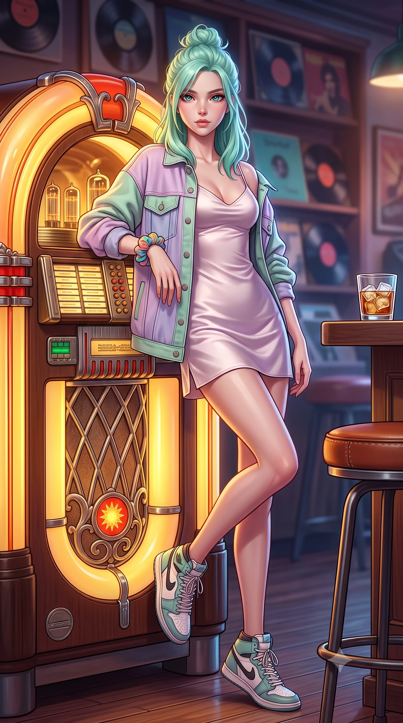 score_9, masterpiece, best quality, ultra-detailed, high-budget anime keyframe, semi-realistic 3D game render, editorial fashion photography, tasteful artistic composition, Japanese woman. low angle full-body shot from head to toe showing her feet, filling the entire 9:16 vertical frame with her statuesque presence, stretching her vertical silhouette. pivoting dynamically with supreme athletic balance and poise, her impossibly long slender legs creating a breathtaking line while leaning against a classic jukebox as warm golden tubes glow behind her, tapping her foot to an old groove. The surrounding environment is rendered in vivid detail and crisp panoramic clarity. detailed brass jukebox buttons, glass ice cube refractions, and leather stool stitching in high clarity. She has an absolutely perfect, statuesque 8.5-heads proportion, an exceptionally tall and slender model-like female figure with impossibly long slender legs, a toned flat midriff, and an ultra-slim waist. sharp v-shaped jawline, high-bridge nose, intricate jewel-like eyes with depth, thick eyelashes, glossy lips with a natural sheen, captivating and magnetic expression, flawlessly proportioned anatomical accuracy, strict slender model proportions, natural body alignment, perfectly sculpted long slender limbs, ultra-slim waistline, clean dynamic posture without body distortion. wearing a romantic 90s silk satin slip dress layered under an unbuttoned vintage oversized denim jacket in pastel lilac and mint green, crafted from ultra-soft brushed fleece and vintage-washed jersey, accessorized with a colorful scrunchie on her wrist and classic retro high-top sneakers, the form-contouring material adhering flawlessly to her sculpted flat midriff and slender torso, emphasizing her long leg lines and perfectly proportioned willowy build. surrounded by a classy, soulful, and deeply romantic retro audiophile sweetheart aura. highly saturated vibrant anime colors, detailed shading with soft gradients, rich glossy textures, high-contrast stereoscopic depth, volumetric dynamic lighting, master piece, 9:16 ratio
