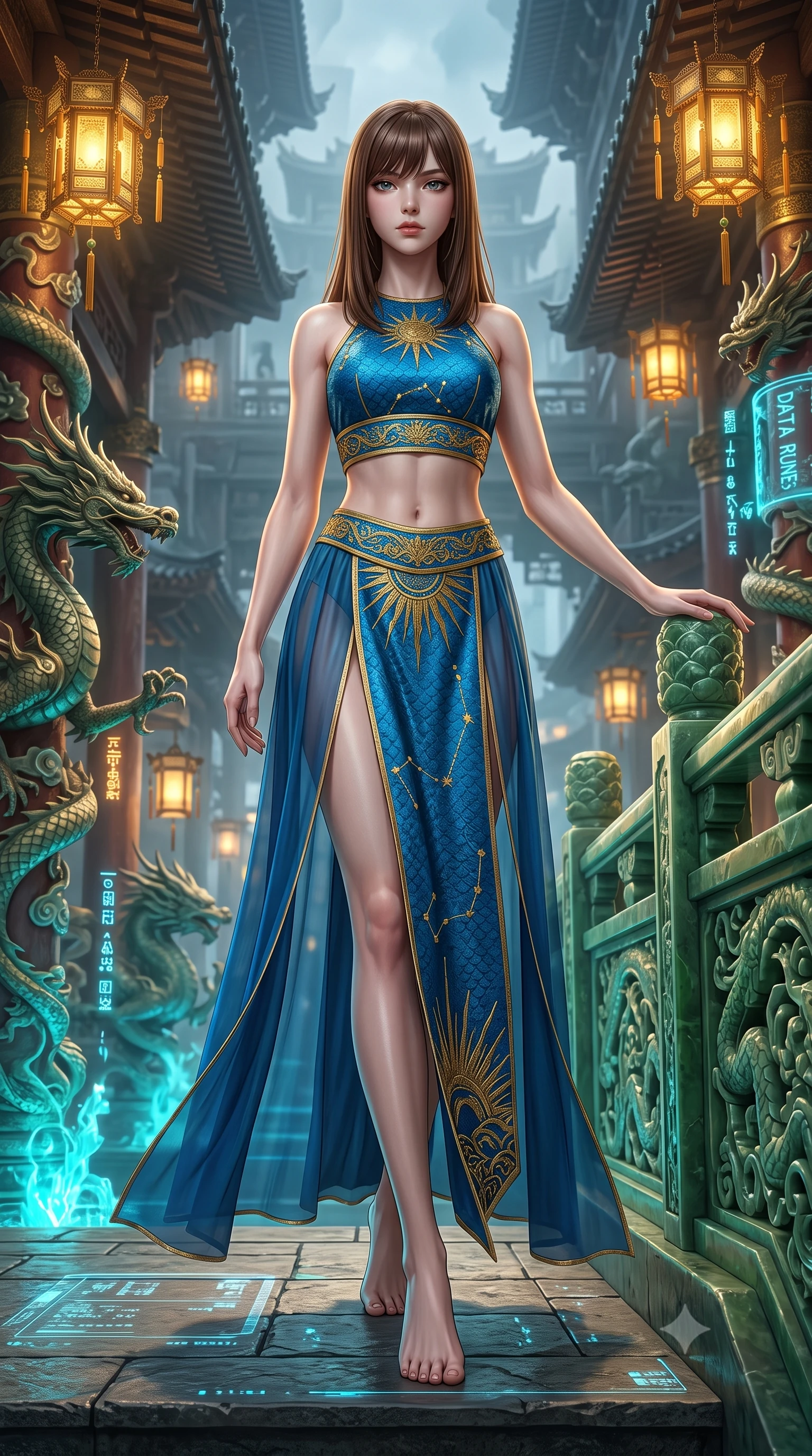 score_9, masterpiece, best quality, ultra-detailed, high-budget anime keyframe, semi-realistic 3D game render, editorial fashion photography, tasteful artistic composition, Korean woman. low angle full-body shot from head to toe showing her feet, filling the entire 9:16 vertical frame with her statuesque presence, stretching her vertical silhouette. stepping forward gracefully in mid-motion, displaying her toned flat midriff and flawlessly sculpted slender limbs while resting one hand on an ornate carved jade dragon railing, looking into the lens with a piercing, majestic gaze. The surrounding environment is rendered in vivid detail and crisp panoramic clarity. vibrant high-contrast oriental sci-fi chiaroscuro and imperial dragon sanctuary aesthetics in precision. She has an absolutely perfect, statuesque 8.5-heads proportion, an exceptionally tall and slender model-like female figure with impossibly long slender legs, a toned flat midriff, and an ultra-slim waist. sharp v-shaped jawline, high-bridge nose, intricate jewel-like eyes with depth, thick eyelashes, glossy lips with a natural sheen, captivating and magnetic expression, flawlessly proportioned anatomical accuracy, strict slender model proportions, natural body alignment, perfectly sculpted long slender limbs, ultra-slim waistline, clean dynamic posture without body distortion. wearing a celestial priestess halter gown with golden sunburst embroidery and sheer leg veils in deep azure blue and gold leaf embroidery, made of rich textured jacquard silk with dragon scale weave, finished with a wide embroidered waist band emphasizing her slender midriff, the liquid-tight tailored fabric emphasizing every curve of her tall, slender model proportions and sculptured silhouette during dynamic movement. bathed in luminous cyan dragon spring uplights and warm imperial gold lantern downlights. highly saturated vibrant anime colors, detailed shading with soft gradients, rich glossy textures, high-contrast stereoscopic depth, volumetric dynamic lighting, master piece, 9:16 ratio