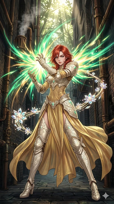 score_9, masterpiece, best quality, ultra-detailed, Set A: High-budget Anime Keyframe, Korean woman. Low angle cowboy shot filling the entire 9:16 frame with her statuesque presence. Theme: Primal Nature. unleashing a massive energy wave in a steampu
