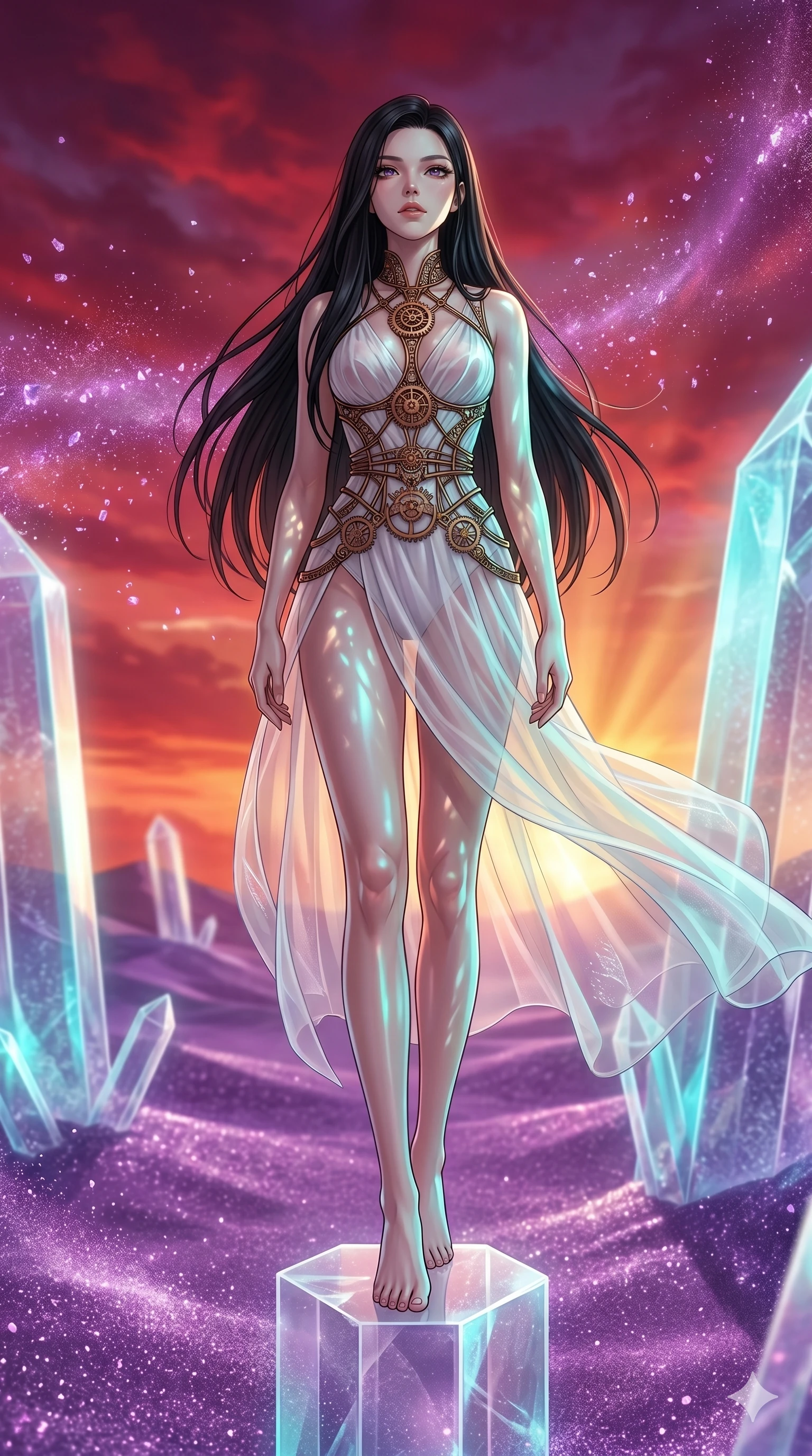 score_9, masterpiece, best quality, ultra-detailed, high-budget anime keyframe, Japanese woman. low angle full-body shot filling the entire 9:16 frame with her statuesque presence, stretching the vertical silhouette. standing atop a transparent salt crystal tower in a purple crystalline desert as winds blow shimmering purple dust under a crimson sunset. She has an absolutely perfect 8-heads proportion, an exceptionally tall and slender female figure with impossibly long slender legs and an ultra-slim waist. V-shaped jawline, high-bridge nose, intricate jewel-like eyes with depth, thick eyelashes, glossy lips with a natural sheen.. wearing a chrono-gear wire harness couture, featuring micro-bronze gear wire harness cinching her waist, over a sheer white organza dress. showcasing a beautiful play of light and shadow, with warm golden rays clashing against cool cyan highlights. 2k, ultra detail, master piece, 9:16 ratio