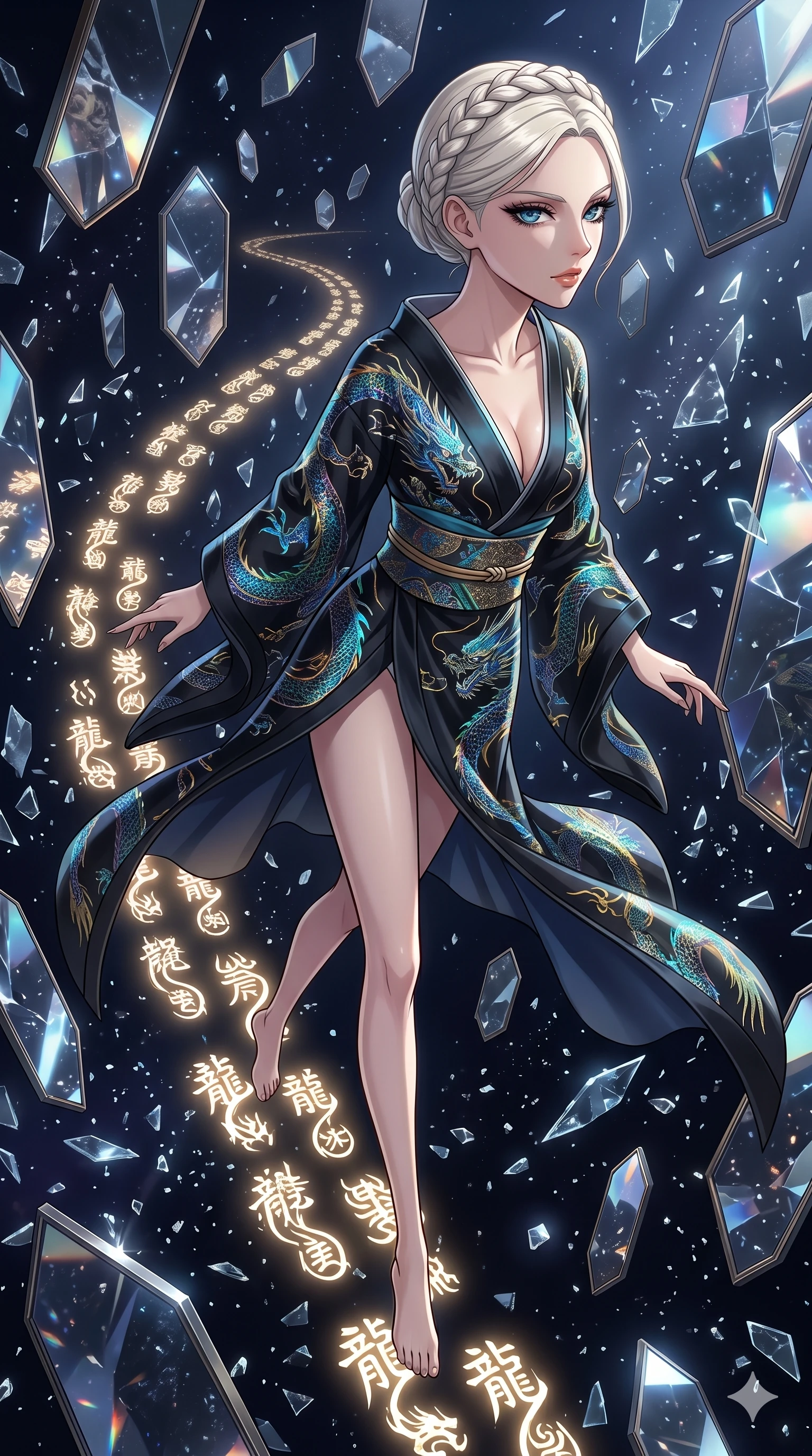 score_9, masterpiece, best quality, ultra-detailed, Set A: High-budget Anime Keyframe, Japanese woman. Upper body close-up from the thighs up, character filling the screen for maximum presence. Sliding through a dimension of floating mirrors, as she leaves a trail of 188 glowing footprints and surrounded by shattered glass fragments. She has an absolutely perfect 8-heads proportion, an exceptionally tall and slender female figure with impossibly long slender legs and an ultra-slim waist. Sharp v-shaped jawline, high-bridge nose, intricate jewel-like eyes with depth, thick eyelashes, glossy lips with a natural sheen. Wearing Traditional fusion robe with a deep V-cut and holographic dragon embroidery. Cinematic lighting, vibrant colors, dramatic shadows, 2k, ultra detail, master piece, 9:16 ratio