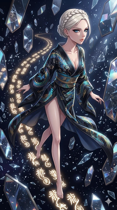score_9, masterpiece, best quality, ultra-detailed, Set A: High-budget Anime Keyframe, Japanese woman. Upper body close-up from the thighs up, character filling the screen for maximum presence. Sliding through a dimension of floating mirrors, as she 
