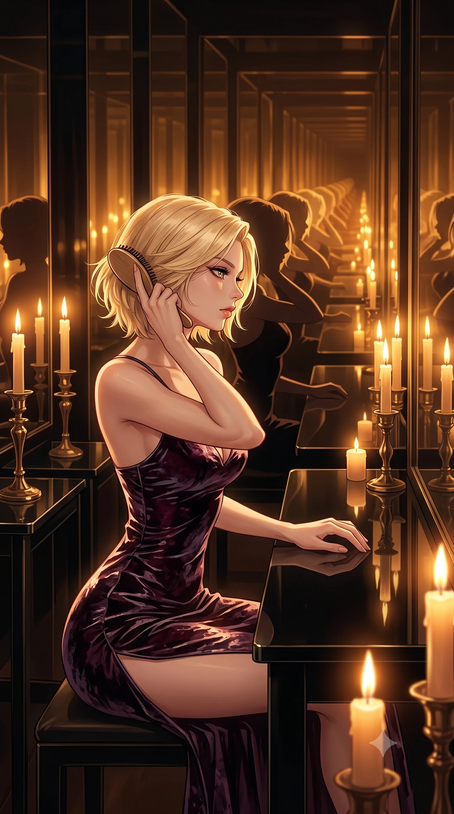 score_9, masterpiece, best quality, ultra-detailed, High-budget Anime Keyframe, Caucasian woman, strictly human ears. Low angle cowboy shot filling the entire 9:16 frame with her statuesque presence. Scenario 257: brushing her hair while seated before a vanity of black glass in a hall of mirrors reflecting infinite silhouettes in warm candlelight. Her presence is magnetic and overpowering in this high-budget anime scene. Outfit 257: a form-contouring crushed dark velvet liquid with a thigh-high slit and wet-look texture. The clothing is designed to emphasize her exceptionally tall and slender 8-heads proportion. 8-heads proportion, towering silhouette, ultra-slim waist. sharp v-shaped jawline, intricate jewel-like eyes with depth, thick eyelashes, glossy lips. 2k, ultra detail, master piece, 9:16 ratio
