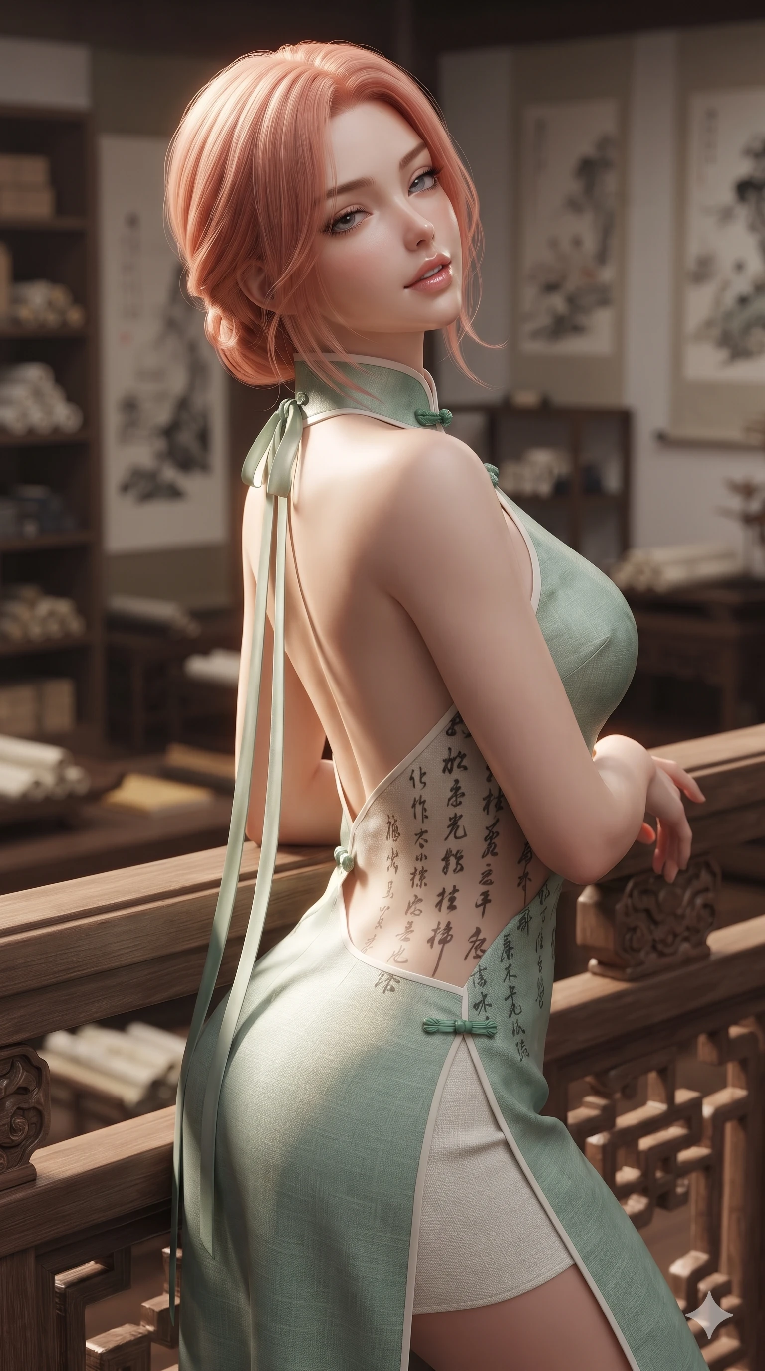 score_9, masterpiece, best quality, ultra-detailed, high-budget anime keyframe, editorial fashion photography, tasteful artistic composition, Japanese woman. close-up cowboy shot from the waist and thighs up, the character dominates the composition, filling the frame with her large presence. leaning back against the balustrade with relaxed seductive grace, head tilted back slightly while casting a hypnotic, heavy-lidded gaze while twisting her slender torso in an alluring contrapposto stance, ink brush scroll characters casting dramatic silhouettes across her flat midriff. The background shows a soft-focus imperial scholar academy hall softened in scholarly sanctuary shallow focus. She has an exceptionally elegant, slender, and willowy female figure with an ultra-slim waist, flat toned midriff, narrow ribcage, and sculpted feminine hips creating an alluring, slim hourglass silhouette without bulk. sharp v-shaped jawline, high-bridge nose, sparkling eyes with hypnotic seductive depth, thick curled eyelashes, glossy parted lips with a natural dewy peach sheen, alluring bedroom-eyes with an enchanting coquettish smile, exuding magnetic siren charisma and sophisticated glamour, flawlessly proportioned anatomical accuracy, strict slender model proportions, natural body alignment, perfectly sculpted long slender limbs, ultra-slim waistline, clean dynamic posture without body distortion. wearing a refined high-collar fusion qipao evening column gown with structured shoulders and modest jade toggle clasps in moonlit jade green and pure alabaster white with silver accents, woven from bespoke Korean ramie fabric with crisp tactile slub texture, finished with long silk ribbon ties fluttering down her bare spine from a backless halter, the bespoke structured tailoring following the natural line of her 8.5-heads silhouette with refined elegance. illuminated by black lacquer desk bounce and sharp warm-amber rim lights sculpting her razor-sharp jawline, narrow waist, and curvy hips. ultra-reflective glossy finish, specular highlights, rich textural contrasts, high-contrast stereoscopic depth, volumetric dynamic lighting, 2k, ultra detail, master piece, 9:16 ratio