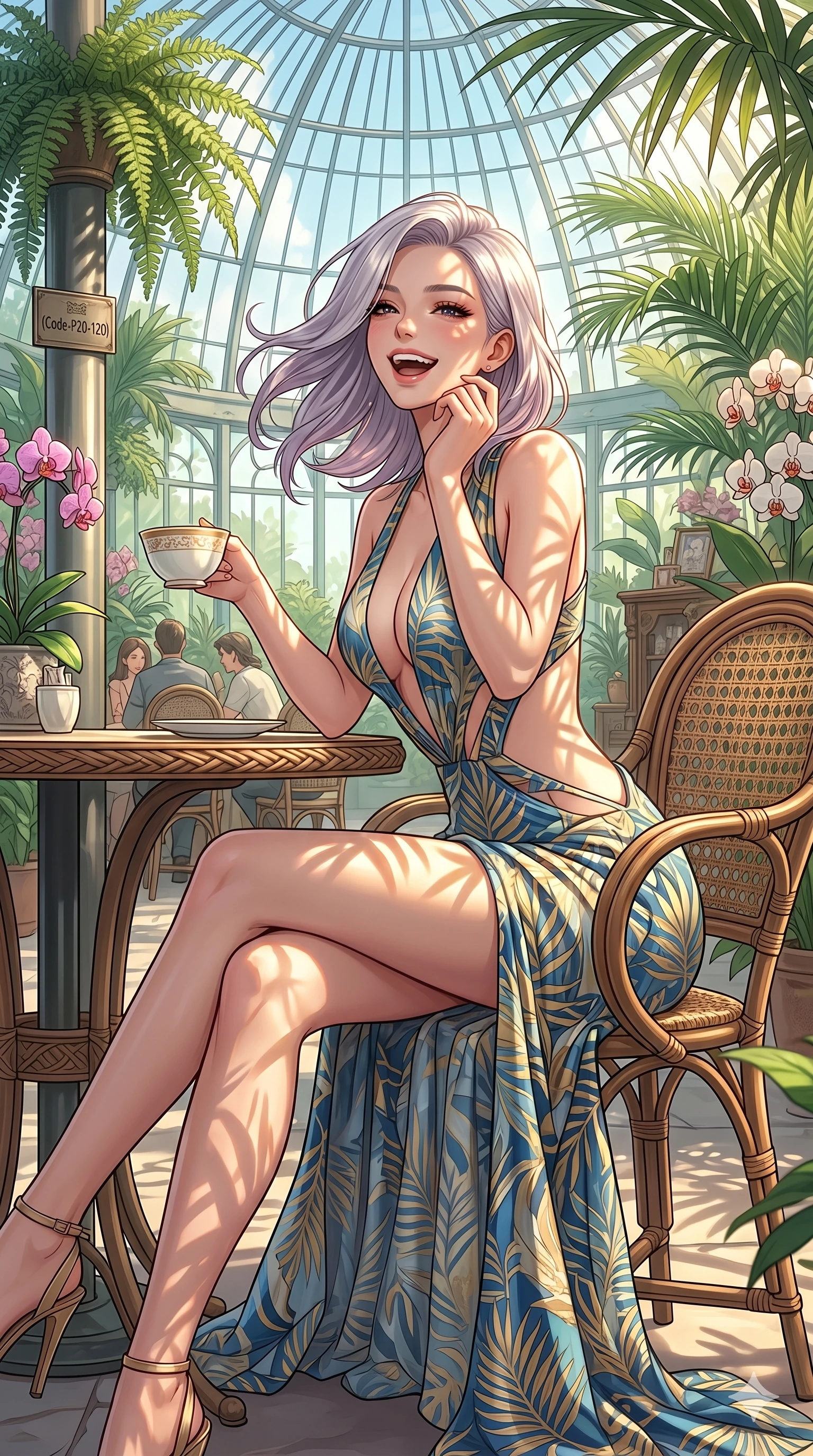 score_9, masterpiece, best quality, ultra-detailed, high-budget anime keyframe, vibrant anime aesthetic, Caucasian woman, strictly human ears. cowboy shot from the thighs up, character and outfit filling the frame for maximum presence. She is sitting on a cafe terrace, looking over her shoulder with a cheerful laugh standing in a botanical sanctuary under glass dome (Code-P20-120). She has an absolutely perfect 8-heads proportion, an exceptionally tall and slender female figure with impossibly long slender legs and an ultra-slim waist. V-shaped jawline, high-bridge nose, intricate jewel-like eyes with depth, thick eyelashes, glossy lips with a natural sheen. wearing a high-slit resort dress with plunging neck and side cutouts. She is drenched in brilliant morning sunshine, casting long warm highlights and leaf patterns. 2k, ultra detail, master piece, 9:16 ratio