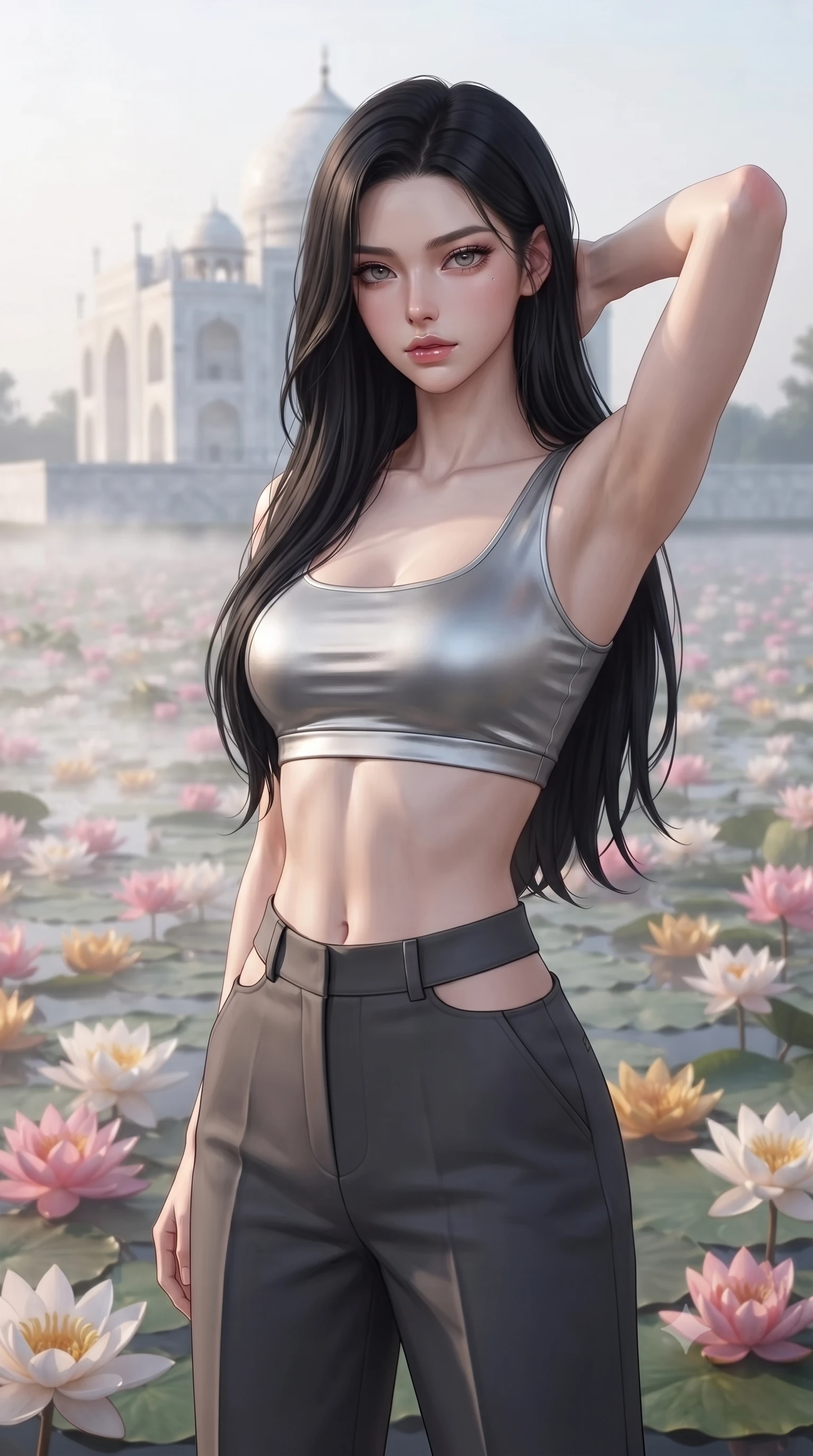 score_9, masterpiece, best quality, ultra-detailed, high-budget anime keyframe, editorial fashion photography, tasteful artistic composition, Korean woman. close-up cowboy shot from the waist and thighs up, the character dominates the composition, filling the frame with her large presence, background elements kept in soft focus. Placing one hand behind her head with confident body language and a direct stare. set against a soft-focus background of a serene white marble temple in the center of a vast lake completely covered in blooming lotus flowers in pink white and gold their petals open to the morning sun with mist hovering just above the flower carpet. She has an exceptionally elegant and slender, willowy female figure with an ultra-slim waist, a gracefully sculpted slender torso, and a refined slim physique. sharp v-shaped jawline, high-bridge nose, intricate jewel-like eyes with depth, thick eyelashes, glossy lips with a natural sheen. wearing a metallic silver crop top paired with high-waisted charcoal trousers featuring side waist cutouts. soft glowing ambient light with sharp side key light tracing the sleek contours of her figure. 2k, ultra detail, master piece, 9:16 ratio