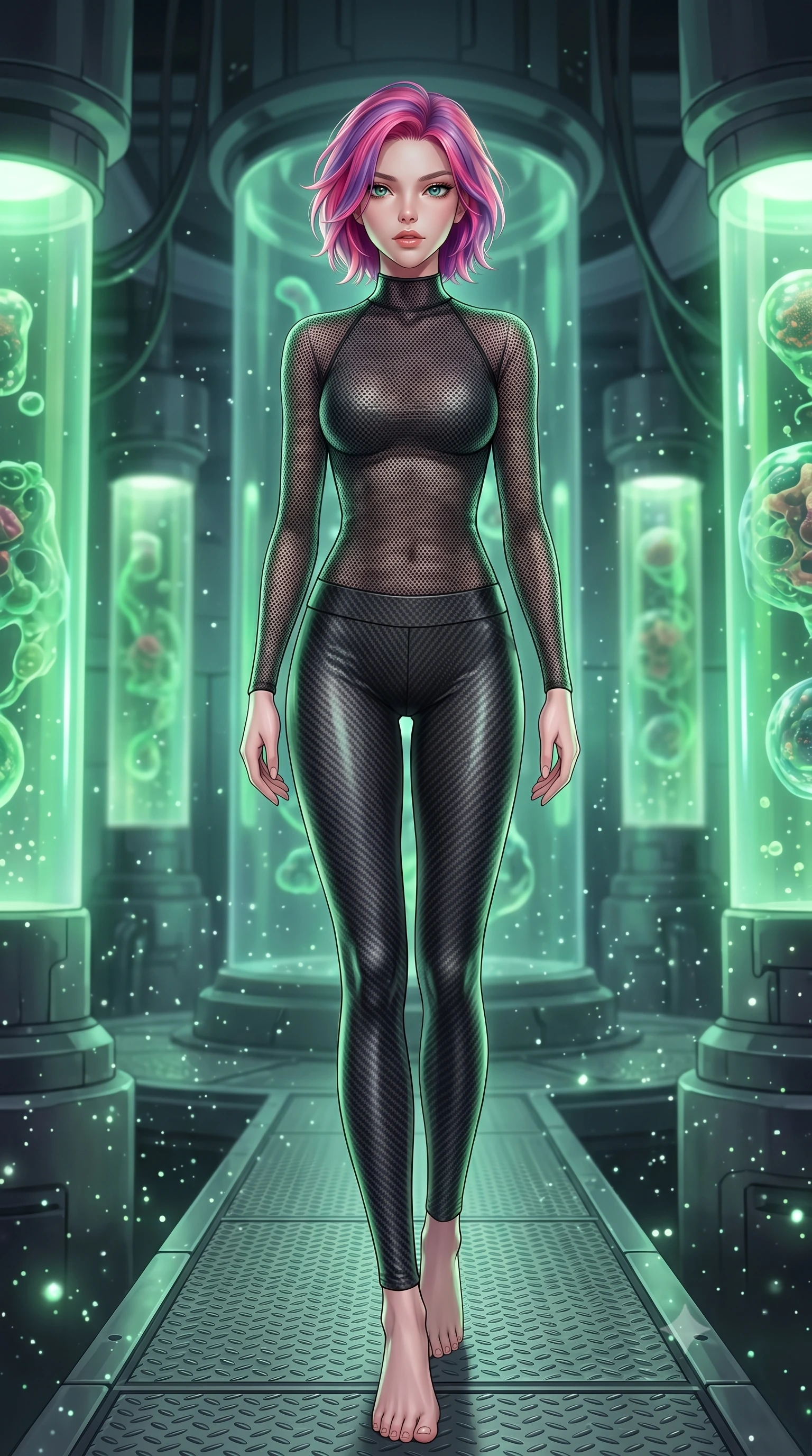 score_9, masterpiece, best quality, ultra-detailed, high-budget anime keyframe, editorial fashion photography, tasteful artistic composition, Caucasian woman. low angle full-body shot from head to toe showing her feet, filling the entire 9:16 vertical frame with her statuesque presence, stretching her vertical silhouette. stepping gracefully through floating stardust particles, her body-contouring suit showing her athletic, slender silhouette, the background shows a soft-focus a quantum core glass cylinder room with tubes containing green fluid and bio-cells. She has an absolutely perfect, statuesque 8.5-heads proportion, an exceptionally tall and slender model-like female figure with impossibly long slender legs and an ultra-slim waist. sharp v-shaped jawline, high-bridge nose, intricate jewel-like eyes with depth, thick eyelashes, glossy lips with a natural sheen. wearing a slim-fit body-hugging carbon-mesh mock-neck top paired with tight-fitting carbon-fiber leggings. soft green bioluminescent light from the tubes casting an eerie glow. highly saturated vibrant anime colors, detailed shading with soft gradients, rich glossy textures, high-contrast stereoscopic depth, volumetric dynamic lighting, master piece, 9:16 ratio