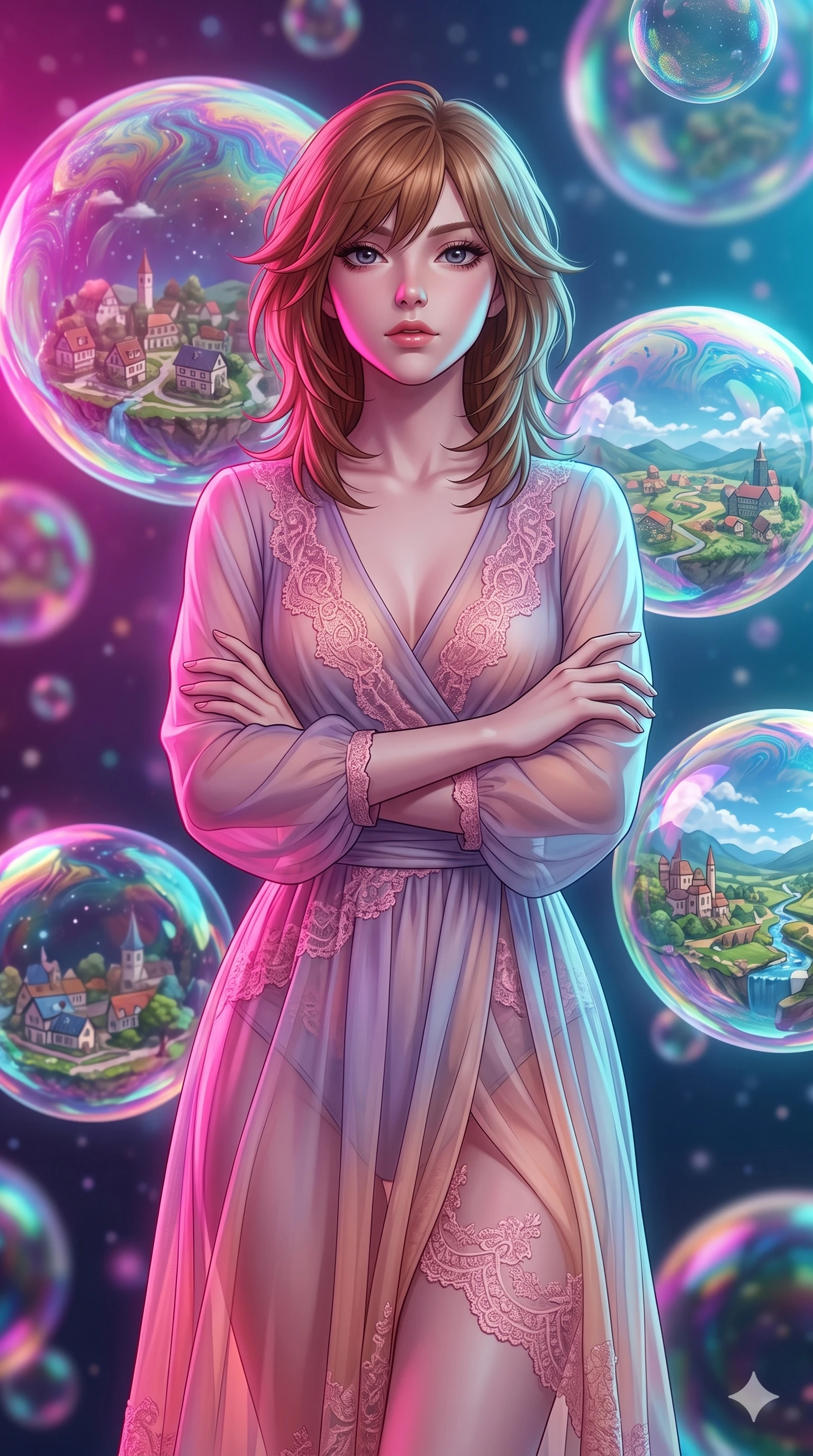 score_9, masterpiece, best quality, ultra-detailed, high-budget anime keyframe, editorial fashion photography, tasteful artistic composition, Korean woman. close-up cowboy shot from the waist and thighs up, the character dominates the composition, filling the frame with her large presence, background elements kept in soft focus. Crossing her arms with serene confidence and chin slightly raised. set against a soft-focus background of a dimension filled with enormous iridescent soap bubbles each containing a perfectly detailed miniature world within its shimmering membrane surfaces rippling with rainbow oil-slick patterns. She has an exceptionally elegant and slender, willowy female figure with an ultra-slim waist, a gracefully sculpted slender torso, and a refined slim physique. sharp v-shaped jawline, high-bridge nose, intricate jewel-like eyes with depth, thick eyelashes, glossy lips with a natural sheen. wearing a translucent chiffon wrap dress in a lavender-to-peach gradient, revealing her slender silhouette with every movement, detailed with pink lace. dual-tone lighting with hot magenta from the left and cool cyan from the right. 2k, ultra detail, master piece, 9:16 ratio