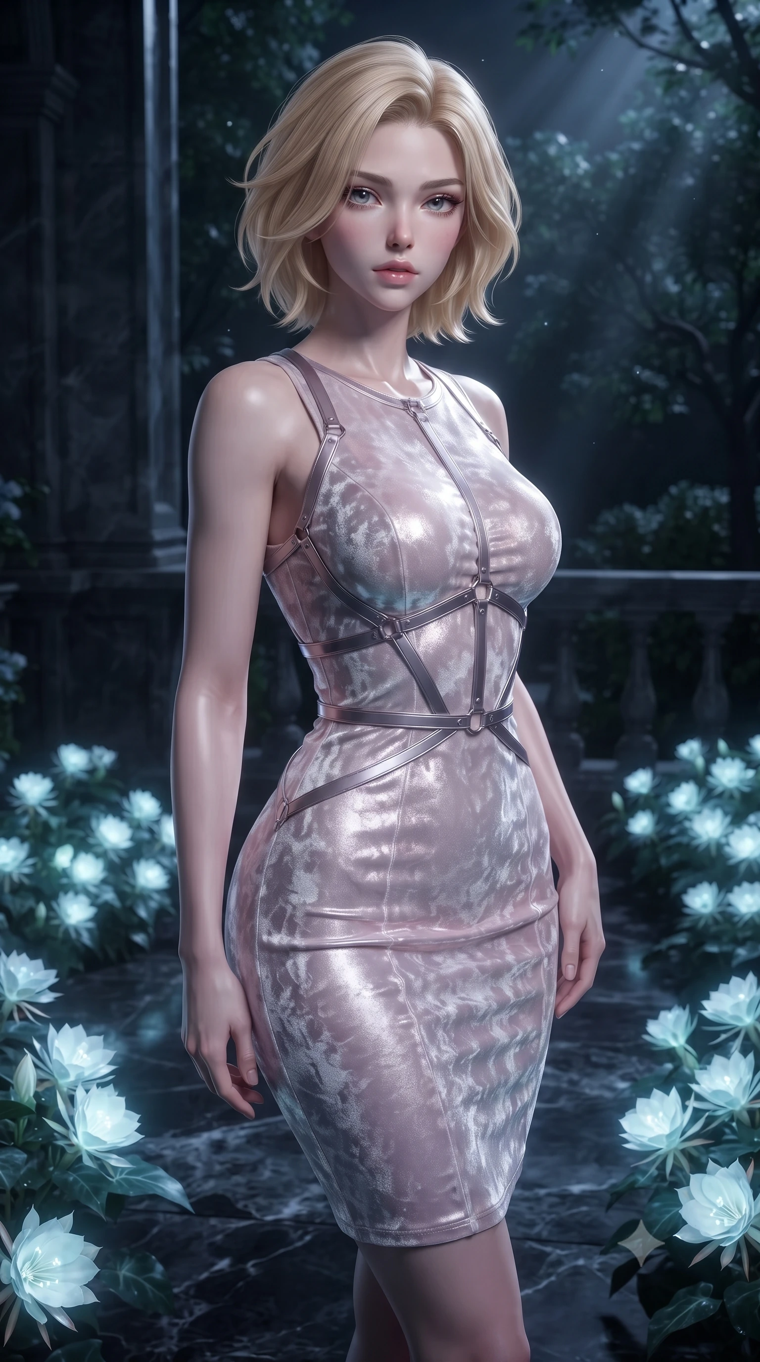 score_9, masterpiece, best quality, ultra-detailed, high-budget anime keyframe, editorial fashion photography, tasteful artistic composition, Caucasian woman. close-up cowboy shot from the waist and thighs up, the character dominates the composition, filling the frame with her large presence, background elements kept in soft focus. Tilting her chin up slightly with lips parted in a composed, magnetic expression, standing on a dark marble terrace covered in night-blooming bioluminescent white moonflowers, dark stone architecture and shadowy garden trees in soft background focus. She has an exceptionally elegant, slender, and willowy female figure with an ultra-slim waist, a gracefully sculpted slender torso, and a refined silhouette. sharp v-shaped jawline, high-bridge nose, intricate jewel-like eyes with depth, thick eyelashes, glossy lips with a natural sheen. wearing aerodynamic second-skin rose-gold metallic bodycon dress in pastel lavender violet, made of crushed white silk velvet, highlighted by a platinum metallic harness structure, sculpting her athletic slender build with refined precision. lit by quiet moonlit key rays piercing through dark garden foliage. ultra-reflective glossy finish, specular highlights, metallic sheen, high-contrast stereoscopic depth, volumetric dynamic lighting, 2k, ultra detail, master piece, 9:16 ratio