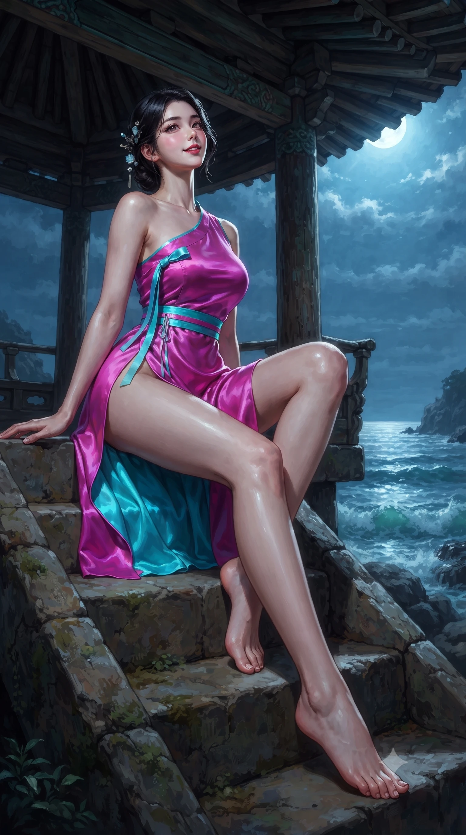 score_9, masterpiece, best quality, ultra-detailed, high-budget anime keyframe, editorial fashion photography, tasteful artistic composition, Korean woman. low angle full-body shot from head to toe showing her feet, filling the entire 9:16 vertical frame with her statuesque presence, stretching her vertical silhouette. sitting poised on the stone steps with one knee bent, arching her spine with supermodel elegance as she glances upward through thick eyelashes while standing at the edge of the open-air cliffside pavilion, arching her spine with dramatic siren poise as sea breezes billow her silk skirt. The surrounding environment is rendered in vivid detail and crisp panoramic clarity: detailed silk wrap tailoring, dewy sea air sheen on skin, and cliffside pavilion timber construction in razor-sharp precision. She has an absolutely perfect, statuesque 8.5-heads proportion, an exceptionally tall and slender model-like female figure with impossibly long slender legs, an ultra-slim waist, a flat toned midriff, narrow delicate ribcage, and beautifully sculpted feminine hips creating a graceful, slim hourglass silhouette without any bulky heaviness. sharp v-shaped jawline, high-bridge nose, sparkling eyes with hypnotic seductive depth, thick curled eyelashes, glossy parted lips with a natural dewy peach sheen, alluring bedroom-eyes with an enchanting coquettish smile, exuding magnetic siren charisma and sophisticated glamour, flawlessly proportioned anatomical accuracy, strict slender model proportions, natural body alignment, perfectly sculpted long slender limbs, ultra-slim waistline, clean dynamic posture without body distortion. wearing an asymmetric one-shoulder modern hanbok tunic with dramatic side hip slit and delicate waist ribbons in electric 80s magenta and neon cyan with chrome highlights, crafted from fluid liquid silk satin that clings smoothly to every curve with a dewy sheen, finished with delicate mother-of-pearl hairpin ornaments glinting in her dark glossy hair, the liquid-tight tailored fabric clinging flawlessly to her narrow waist and rounded feminine hips, emphasizing every millimeter of her sculpted slim hourglass curves without any bulky heaviness. bathed in brilliant horizontal moonlight sweeping across the ocean surface. ultra-reflective glossy finish, specular highlights, rich textural contrasts, high-contrast stereoscopic depth, volumetric dynamic lighting, 2k, ultra detail, master piece, 9:16 ratio