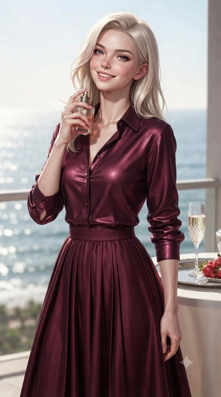 score_9, masterpiece, best quality, ultra-detailed, high-budget anime keyframe, editorial fashion photography, tasteful artistic composition, Caucasian woman. close-up cowboy shot from the waist and thighs up, the character dominates the composition, filling the frame with her large presence, background elements kept in soft focus. holding a vintage perfume bottle to her neck, smiling with quiet magnetic self-assurance set against a soft-focus background of inside an exclusive oceanfront balcony with a crystal glass of sparkling champagne and fresh strawberries on a silver tray. She has an exceptionally elegant, slender, and willowy female figure with an ultra-slim waist, a gracefully sculpted slender torso, and a refined silhouette. sharp v-shaped jawline, high-bridge nose, intricate jewel-like eyes with depth, thick eyelashes, glossy lips with a natural sheen. wearing form-contouring deep burgundy metallic jersey casual linen button-down shirt paired with a flowy pleated midi skirt featuring refined tailored seams. accented by a single dramatic key light highlighting her statuesque posture and slim waist. ultra-reflective glossy finish, specular highlights, metallic sheen, high-contrast stereoscopic depth, volumetric dynamic lighting, 2k, ultra detail, master piece, 9:16 ratio