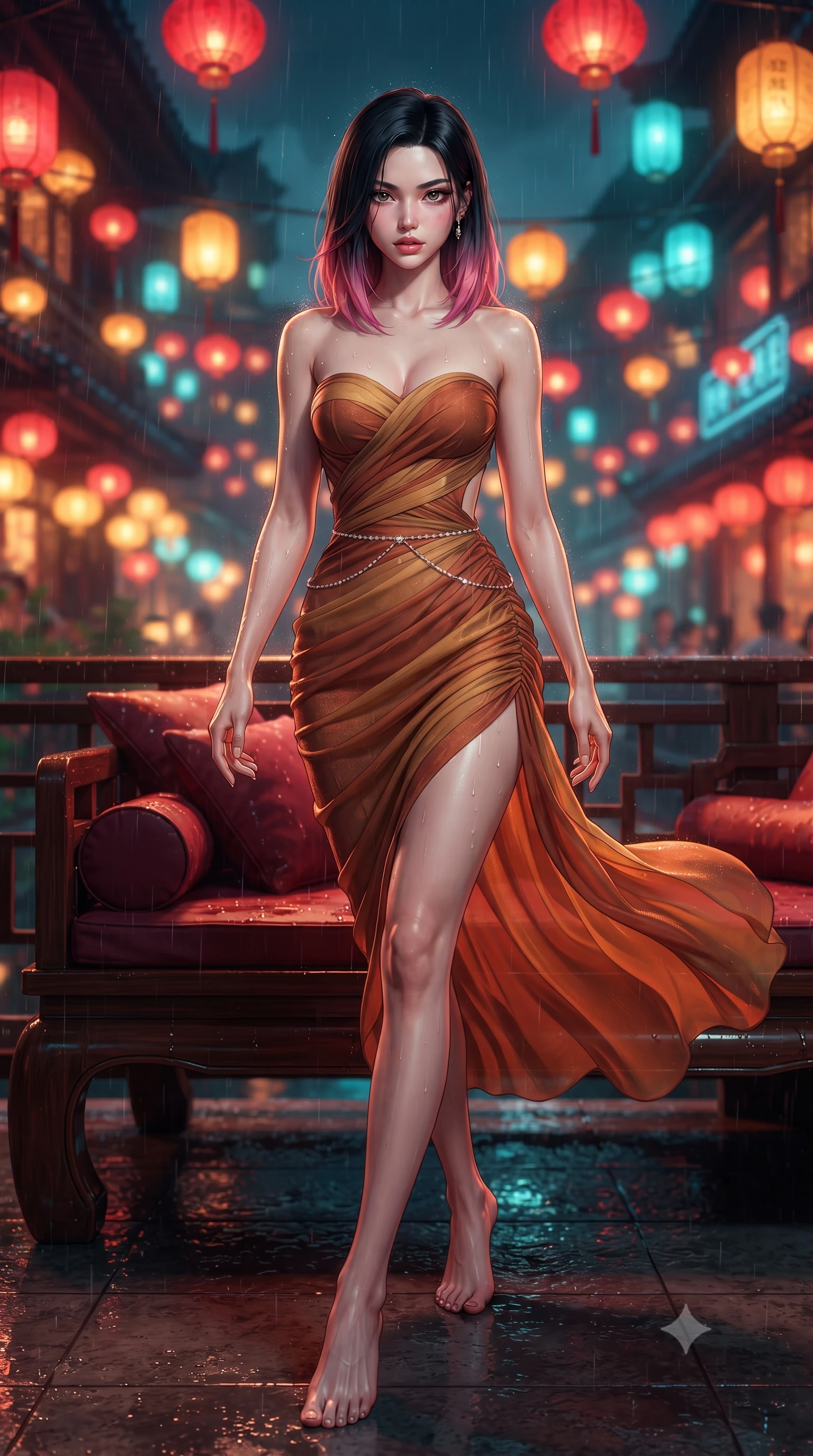 score_9, masterpiece, best quality, ultra-detailed, high-budget anime keyframe, editorial fashion photography, tasteful artistic composition, Korean woman. low angle full-body shot from head to toe showing her feet, filling the entire 9:16 vertical frame with her statuesque presence, stretching her vertical silhouette. striding forward in a proud supermodel runway stride, hips swaying in an alluring kinetic rhythm that accentuates her curvy hourglass silhouette while reclining on a lacquered daybed on the high-altitude tea terrace, her long slender legs and curvy hips bathed in warm scarlet lantern glow and cyan rain reflections. The composition keeps background elements in soft focus with creamy bokeh. thousands of glowing crimson and amber paper lanterns and distant neon tea houses blurred into rich scarlet, gold, and turquoise bokeh. She has an exceptionally tall and slender model-like 8.5-heads proportion, an ultra-slim waist, a flat toned midriff, narrow delicate ribcage, and beautifully sculpted feminine hips creating a graceful, slim hourglass silhouette without any bulky heaviness, with impossibly long slender legs. sharp v-shaped jawline, high-bridge nose, intricate jewel-like eyes with depth, thick eyelashes, glossy parted lips with a natural sheen, intensely captivating and seductive bedroom-eyes expression, flawlessly proportioned anatomical accuracy, strict slender model proportions, natural body alignment, perfectly sculpted long slender limbs, ultra-slim waistline, clean dynamic posture without body distortion. wearing an ultra-fitted strapless bustier midi dress with side hip ruching and exposed spine in molten desert gold and burnt terracotta, woven from layered gossamer chiffon with a weightless sweeping drape, accented with a dainty diamond waist chain catching the ambient light reflections, the precision-cut side openings and low-back scoop framing her graceful spine and the sensual sweep of her slim, toned hips. bathed in rich crimson and amber lantern underlights contrasting with cool cyan mountain mist ambient fill. ultra-reflective glossy finish, specular highlights, rich textural contrasts, high-contrast stereoscopic depth, volumetric dynamic lighting, 2k, ultra detail, master piece, 9:16 ratio