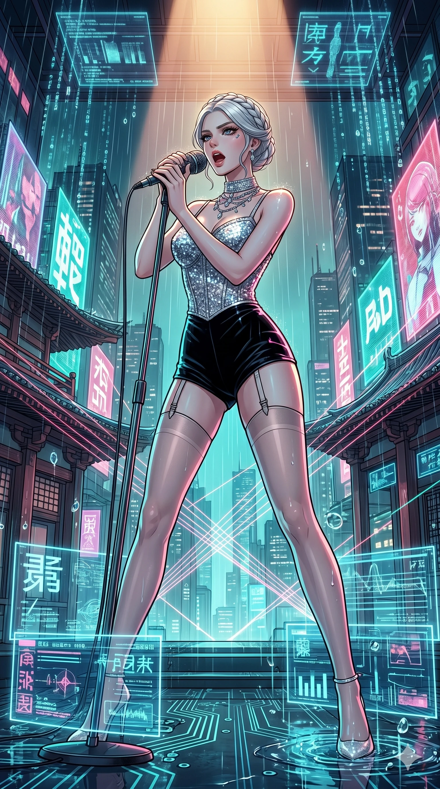 score_9, masterpiece, best quality, ultra-detailed, high-budget anime movie keyframe, cinematic anime lighting, intricate line art, Caucasian (strictly human ears) woman. Low angle cowboy shot filling the entire 9:16 frame with her statuesque presence. singing on a laser stage in a cyber-temple in Neo-Tokyo with holographic rain. She has an absolutely perfect 8-heads proportion, an exceptionally tall and slender female figure with an ultra-slim waist and impossibly long slender legs. sharp v-shaped jawline, high-bridge nose, intricate jewel-like eyes, thick eyelashes, glossy lips. Wearing luxurious K-pop idol stage outfit featuring a sparkling sequined corset, high-cut velvet shorts, and sheer silk stockings with garter belts, accessorized with crystal chokers. The scene is illuminated by dramatic atmospheric lighting and vibrant color palettes. , 2k, ultra detail, master piece, 9:16 ratio
