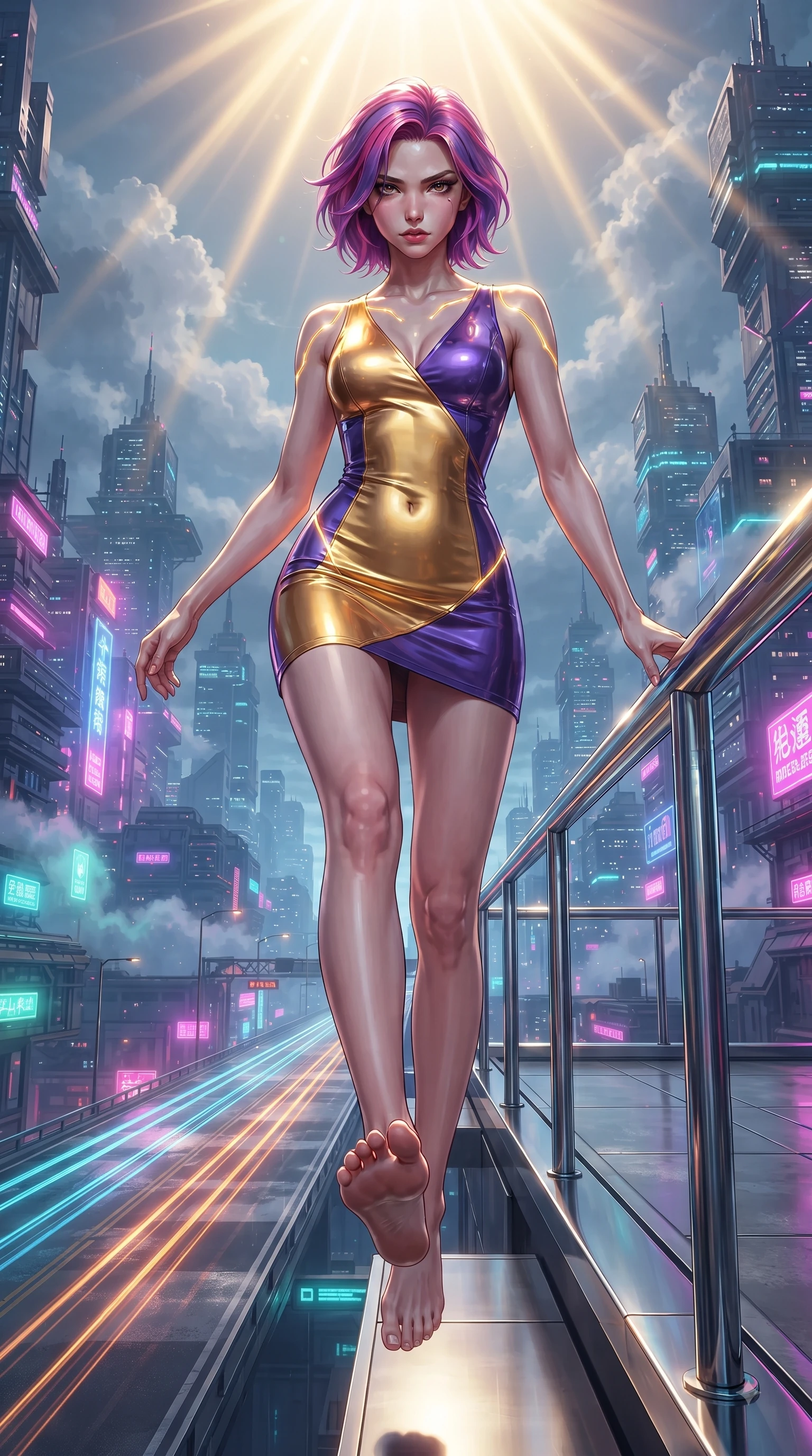score_9, masterpiece, best quality, ultra-detailed, high-budget anime keyframe, editorial fashion photography, tasteful artistic composition, Caucasian woman. low angle full-body shot from head to toe showing her feet, filling the entire 9:16 vertical frame with her statuesque presence, stretching her vertical silhouette. performing an alluring mid-air vault with flawless poise, looking directly into the camera with smoldering intensity while leaning dangerously against a sleek rooftop railing overlooking an infinite neon-lit metropolis. The surrounding environment is rendered in vivid detail and crisp panoramic clarity. intricate cyberpunk skyscraper architecture, atmospheric clouds, and highway light trails in crisp clarity. She has an absolutely perfect, statuesque 8.5-heads proportion, an exceptionally tall and slender model-like female figure with impossibly long slender legs and an ultra-slim waist. sharp v-shaped jawline, high-bridge nose, intricate jewel-like eyes with depth, thick eyelashes, glossy lips with a natural sheen, flawlessly proportioned anatomical accuracy, natural body alignment, perfectly sculpted elegant limbs, clean dynamic posture without body distortion. wearing a second-skin fashion-latex mini dress with a clean architectural front, featuring an open-back design that wraps around the sides of her waist, showcasing her slender silhouette in lustrous molten gold and pure deep violet, formed from high-gloss patent material with specular light reflections, accented with glowing fiber-optic seams tracing her collarbones and hip curves, the form-contouring second-skin material highlighting her ultra-slim waist and long lines. bathed in brilliant morning sunlight and sharp sun rays reflecting off distant glass skyscrapers. ultra-reflective glossy finish, specular highlights, metallic sheen, high-contrast stereoscopic depth, volumetric dynamic lighting, 2k, ultra detail, master piece, 9:16 ratio