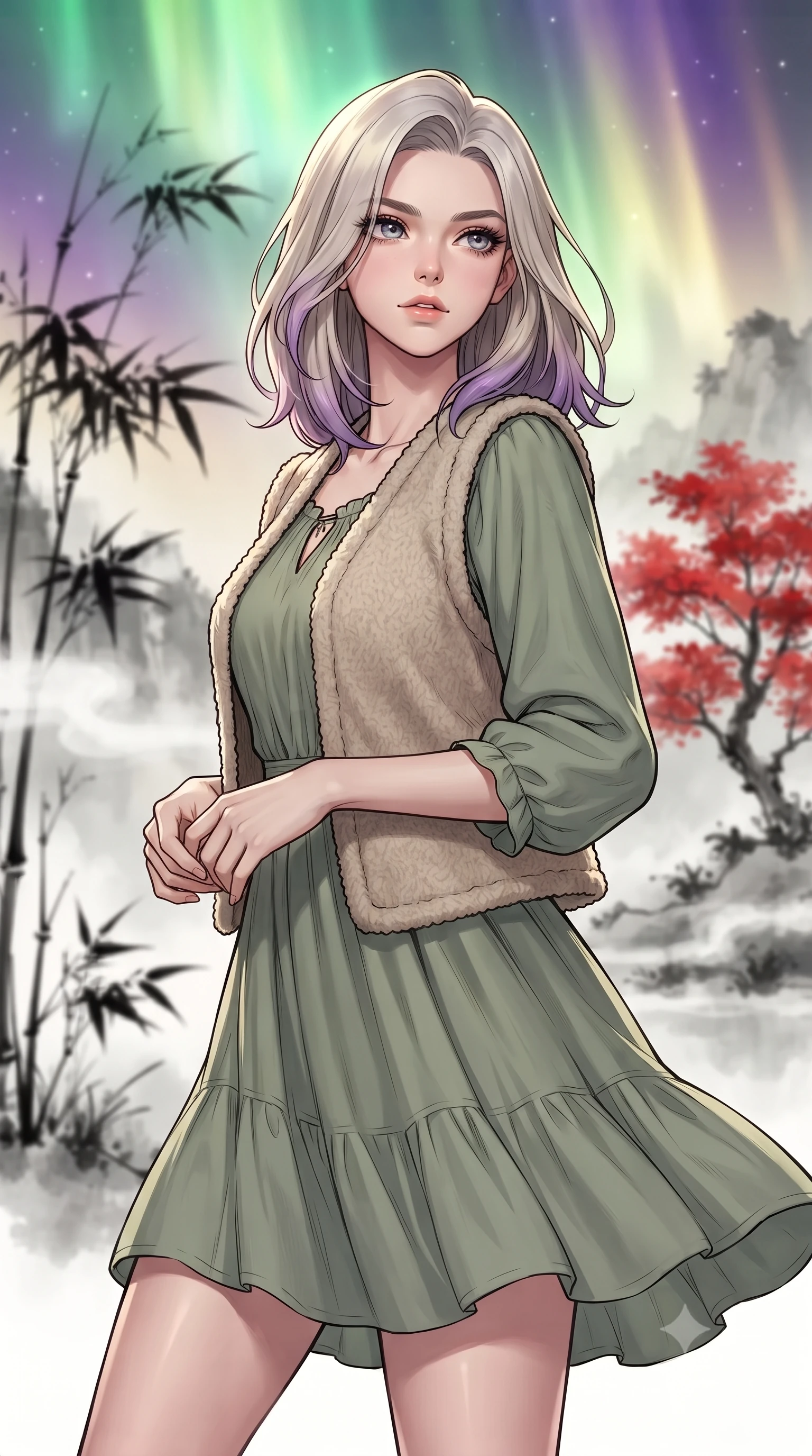 score_9, masterpiece, best quality, ultra-detailed, high-budget anime keyframe, gorgeous anime illustration, with clean line-art and distinct ink outlines, Caucasian woman, strictly human ears. close-up cowboy shot from the waist and thighs up, the character dominates the composition, filling the frame with her large presence, background elements kept in soft focus. Gazing past the camera with an air of effortless superiority. set against a soft-focus background of standing in a valley that looks like a traditional ink-wash painting, with black bamboo silhouettes, white mist hovering in the air, and a single red maple tree providing a splash of color. She has an exceptionally elegant and slender, willowy female figure with an ultra-slim waist, a gracefully sculpted slender torso, and a refined slim physique. sharp v-shaped jawline, high-bridge nose, intricate jewel-like eyes with depth, thick eyelashes, glossy lips with a natural sheen. wearing a bohemian peasant-style cotton dress in sage green, layered with a cozy oatmeal wool-blend vest. illuminated by a shifting aurora palette of green violet and gold from above. 2k, ultra detail, master piece, 9:16 ratio, vibrant anime color palette, detailed cel-shading with soft gradients, rich contrast, dynamic lighting, 2d animation style