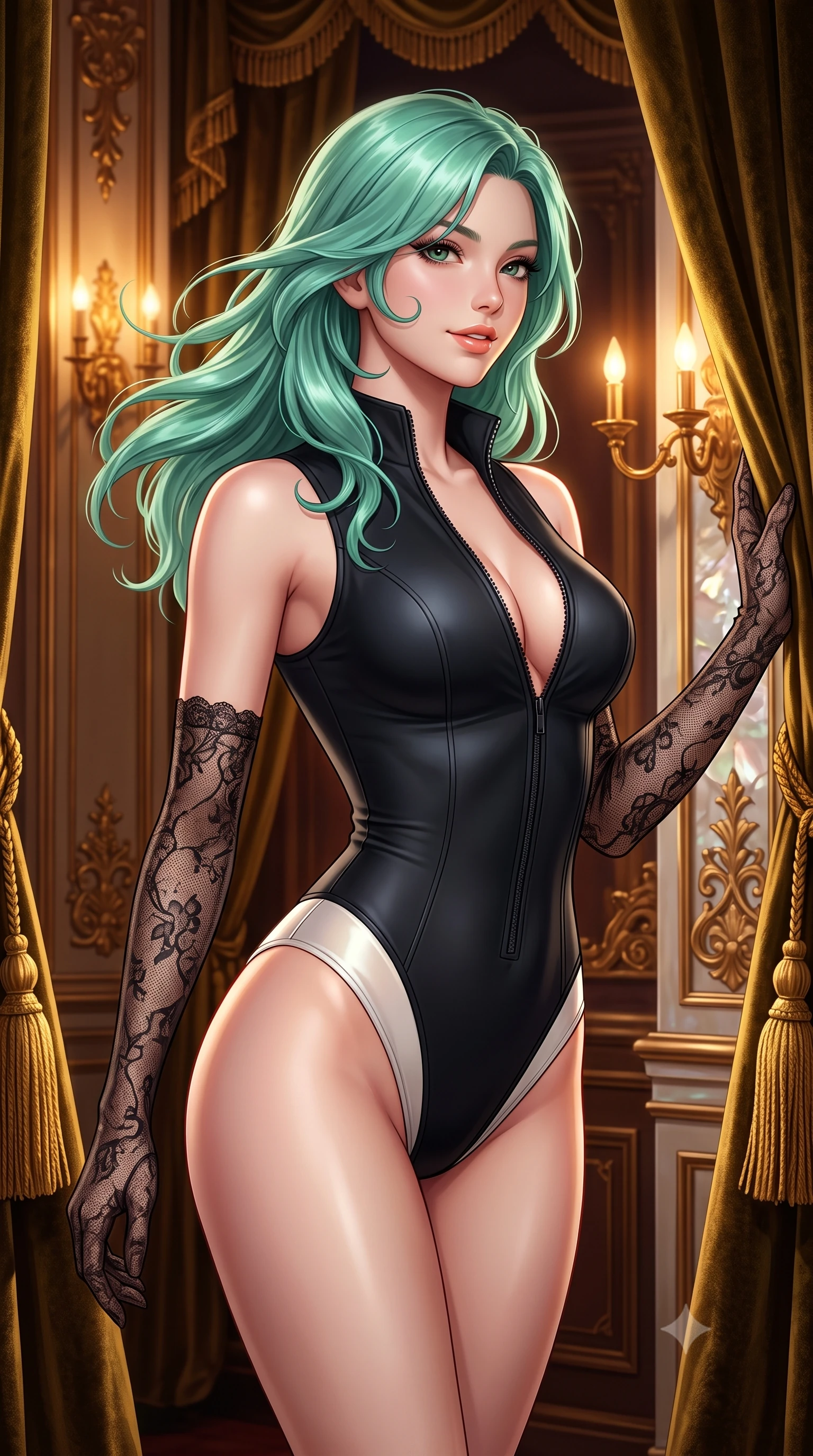 score_9, masterpiece, best quality, ultra-detailed, high-budget anime keyframe, semi-realistic 3D game render, editorial fashion photography, tasteful artistic composition, Japanese woman. close-up cowboy shot from the waist and thighs up, the character dominates the composition, filling the frame with her large presence. turning slowly with an enchanting smoldering smile, her glossy hair tossing in the breeze as her hips angle gracefully in a captivating contrapposto while twisting her slender torso in an alluring S-curve, heavy gold-tasseled velvet drapes framing her form-fitting ballet bodice and curvy hips. The surrounding environment is rendered in vivid detail and crisp panoramic clarity: sharp deep-pile velvet fabric texture, gilded wood relief carvings, and mother-of-pearl opera glass clarity in deep focus. She has an exceptionally elegant, slender, and willowy female figure with an ultra-slim waist, flat toned midriff, narrow ribcage, and sculpted feminine hips creating an alluring, slim hourglass silhouette without bulk. sharp v-shaped jawline, high-bridge nose, sparkling eyes with hypnotic seductive depth, thick curled eyelashes, glossy parted lips with a natural dewy peach sheen, alluring bedroom-eyes with an enchanting coquettish smile, exuding magnetic siren charisma and sophisticated glamour, flawlessly proportioned anatomical accuracy, strict slender model proportions, natural body alignment, perfectly sculpted long slender limbs, ultra-slim waistline, clean dynamic posture without body distortion. wearing a form-contouring liquid-tight matte-black tactical bodysuit with a plunging front zipper and high-cut leg openings in pure pearl alabaster with liquid platinum sheen, crafted from second-skin technical compression fabric with moisture-wicking stretch, complemented by sheer opera-length lace evening gloves tracing her slender arms, the liquid-tight tailored fabric clinging flawlessly to her narrow waist and rounded feminine hips, emphasizing every millimeter of her sculpted slim hourglass curves without any bulky heaviness. bathed in warm amber light spilling from gilded sconces mixed with stage illumination bounce. highly saturated vibrant anime colors, detailed shading with soft gradients, rich glossy textures, high-contrast stereoscopic depth, volumetric dynamic lighting, master piece, 9:16 ratio