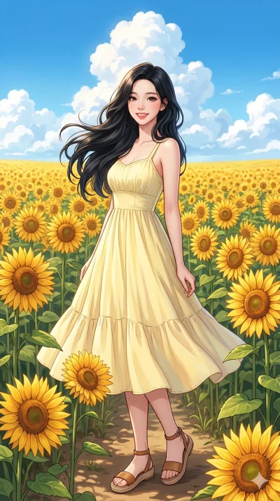 score_9, score_8_up, score_7_up, source_anime, masterpiece, best quality, ultra-detailed, same character with long flowing black hair, wearing a pastel yellow sundress and sandals, full body shot standing in a field of sunflowers, bright blue sky, pu