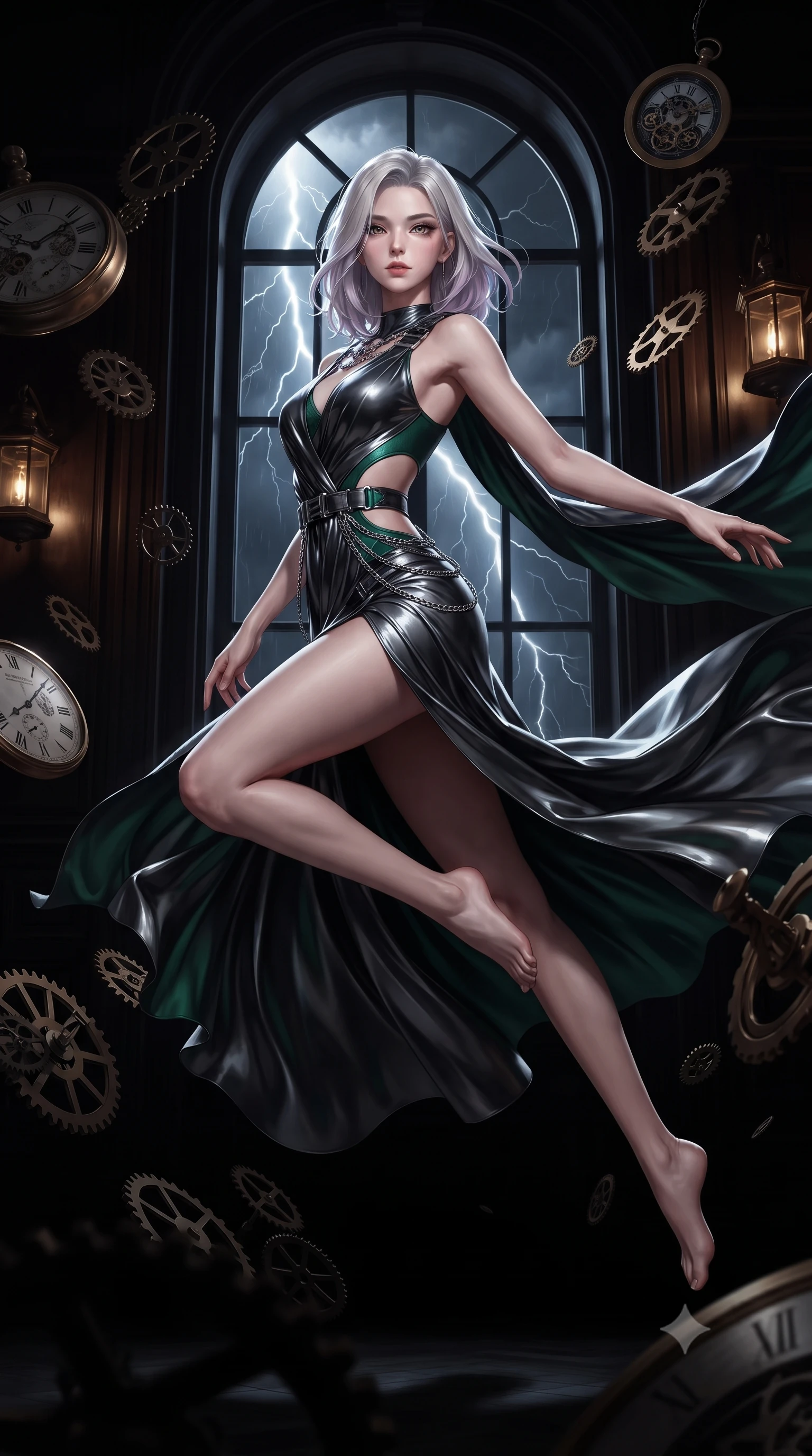 score_9, masterpiece, best quality, ultra-detailed, high-budget anime keyframe, editorial fashion photography, tasteful artistic composition, Caucasian woman. low angle full-body shot from head to toe showing her feet, filling the entire 9:16 vertical frame with her statuesque presence, stretching her vertical silhouette. leaping dynamically through the pitch-black void, her posture full of power and elegance, navigating an antique dark mahogany archives room filled with floating clock parts, dramatic lightning flashes outside casting cold silver rim highlights. She has an absolutely perfect, statuesque 8.5-heads proportion, an exceptionally tall and slender model-like female figure with impossibly long slender legs and an ultra-slim waist. sharp v-shaped jawline, high-bridge nose, intricate jewel-like eyes with depth, thick eyelashes, glossy lips with a natural sheen. wearing draped obsidian silk gown featuring tasteful waist slit cutouts in deep emerald green, made of sculpted obsidian metallic chrome, framed by dark titanium buckles and silver chain details, the fitted fabric emphasizing her ultra-slim waist. bathed in warm brass highlights contrasting against pitch-black clockwork shadows. ultra-reflective glossy finish, specular highlights, metallic sheen, high-contrast stereoscopic depth, volumetric dynamic lighting, 2k, ultra detail, master piece, 9:16 ratio