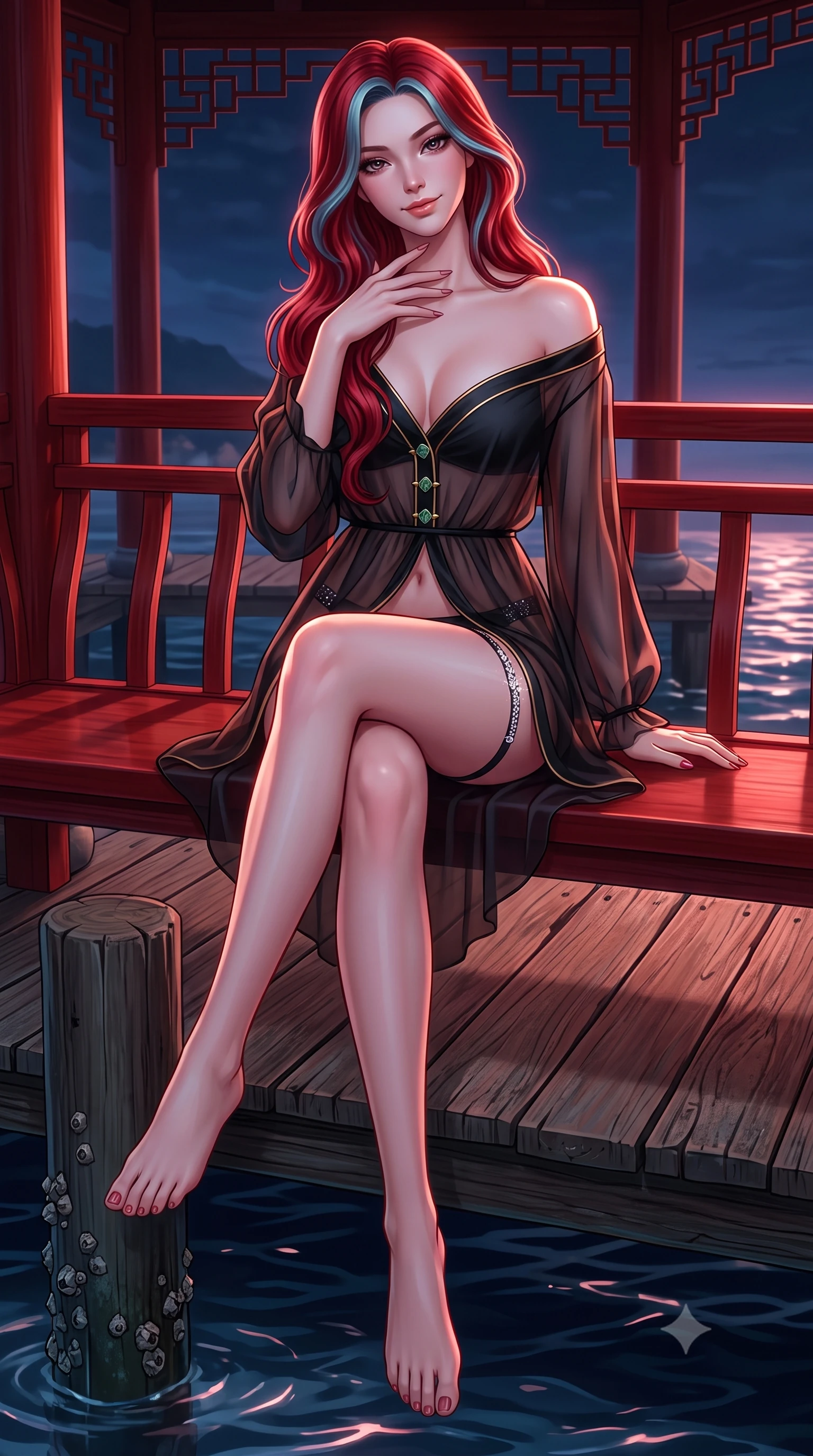 score_9, masterpiece, best quality, ultra-detailed, high-budget anime keyframe, semi-realistic 3D game render, editorial fashion photography, tasteful artistic composition, Caucasian woman. low angle full-body shot from head to toe showing her feet, filling the entire 9:16 vertical frame with her statuesque presence, stretching her vertical silhouette. walking along the terrace with poise, looking back over her bare shoulder with an irresistible smoldering bedroom-gaze while sitting gracefully on the pavilion bench with legs crossed, running one manicured hand slowly down her neck with teasing seductive charm. The surrounding environment is rendered in vivid detail and crisp panoramic clarity: sharp vermilion lacquered joinery, weathered wood boardwalk grain, and shellfish barnacles on mooring posts in deep focus. She has an exceptionally tall and slender model-like 8.5-heads proportion, an ultra-slim waist, a flat toned midriff, narrow delicate ribcage, and beautifully sculpted feminine hips creating a graceful, slim hourglass silhouette without any bulky heaviness, with impossibly long slender legs. sharp v-shaped jawline, high-bridge nose, intricate jewel-like sparkling eyes with depth, thick eyelashes, glossy parted lips with a natural peach sheen, bright cheerful beaming smile with an enchanting and coquettish sensual glint, exuding both youthful cute charm and seductive allure, flawlessly proportioned anatomical accuracy, strict slender model proportions, natural body alignment, perfectly sculpted long slender limbs, ultra-slim waistline, clean dynamic posture without body distortion. wearing an alluring semi-sheer silk chiffon boudoir peignoir slipping off bare shoulders with delicate jade button accents in Shanghai noir black and imperial 24k gold, made of sheer gossamer chiffon that drapes softly against skin with airy translucence, finished with delicate crystal-encrusted thigh garter straps glinting in the dim light, the second-skin tailored fabric adhering flawlessly to her sculpted flat midriff and slender torso, emphasizing her long leg lines and perfectly proportioned willowy build. illuminated by sea water specular highlights and sharp rose-gold rim lights sculpting her dewy collarbones, ultra-slim waist, and curvy hips. highly saturated vibrant anime colors, detailed shading with soft gradients, rich glossy textures, high-contrast stereoscopic depth, volumetric dynamic lighting, master piece, 9:16 ratio