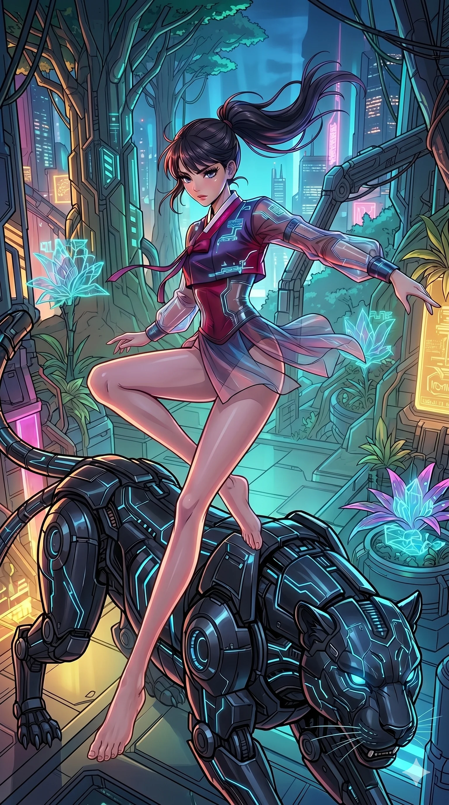 score_9, masterpiece, best quality, ultra-detailed, high-budget anime movie keyframe, cinematic anime lighting, intricate line art, Korean woman. Dynamic full-body shot stretching the vertical silhouette with extreme perspective. leaping over a giant mechanical panther in a cyber-jungle. She has an absolutely perfect 8-heads proportion, an exceptionally tall and slender female figure with an ultra-slim waist and impossibly long slender legs. strictly human anatomy, two legs only, no extra limbs, clearly defined legs and arms, perfect anatomy, perfect hands and fingers. sharp v-shaped jawline, high-bridge nose, intricate jewel-like eyes, thick eyelashes, glossy lips. Wearing Modern Traditional: Shortened cyber-hanbok with fusion silk robes and transparent panels. The scene is illuminated by dramatic atmospheric lighting and vibrant color palettes. , 2k, ultra detail, master piece, 9:16 ratio