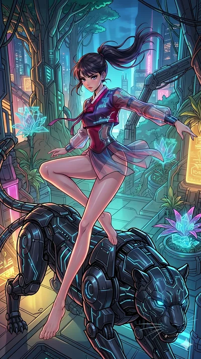 score_9, masterpiece, best quality, ultra-detailed, high-budget anime movie keyframe, cinematic anime lighting, intricate line art, Korean woman. Dynamic full-body shot stretching the vertical silhouette with extreme perspective. leaping over a giant