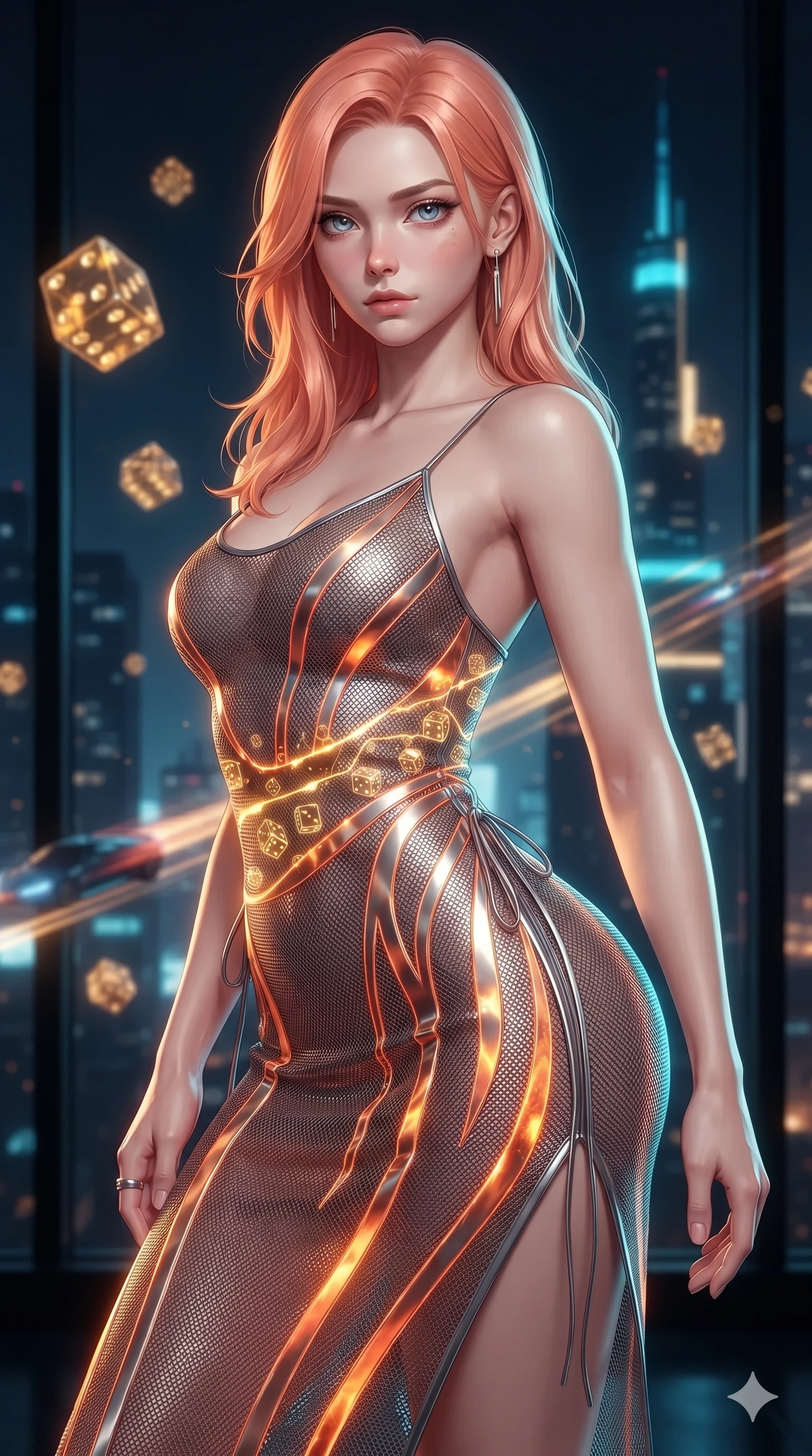 score_9, masterpiece, best quality, ultra-detailed, high-budget anime keyframe, editorial fashion photography, tasteful artistic composition, Japanese woman. close-up cowboy shot from the waist and thighs up, the character dominates the composition, filling the frame with her large presence. twisting her slender torso in an alluring S-curve, dynamic rim light painting her narrow waist and curvy hips in fire while twisting her slender torso in an alluring S-curve, pulsing cyber-skyline light and golden dice glyphs tracing her flat midriff and hourglass curves. The background shows a soft-focus tumbling golden holographic dice projections, soaring skyscraper light spires, and flying vehicle light trails blurred into gold, cyan, and midnight blue bokeh. She has an exceptionally elegant, slender, and willowy female figure with an ultra-slim waist, flat toned midriff, narrow ribcage, and sculpted feminine hips creating an alluring, slim hourglass silhouette without bulk. sharp v-shaped jawline, high-bridge nose, intricate jewel-like sparkling eyes with depth, thick eyelashes, glossy parted lips with a natural sheen, bright confident smile with an enchanting and coquettish sensual glint, exuding both youthful magnetic charm and sovereign high-tech allure, flawlessly proportioned anatomical accuracy, strict slender model proportions, natural body alignment, perfectly sculpted long slender limbs, ultra-slim waistline, clean dynamic posture without body distortion. wearing a plunge-front sheer illusion technical mesh slip dress with liquid platinum ribbon stripes hugging her curves in fiery geothermal copper and molten amber glow, crafted from stretch micro-mesh with liquid foil coating that shimmers with every movement, featuring fine criss-cross lace-up side ties revealing tantalizing glimpses of her hip curve, the bespoke structured tailoring following the natural line of her 8.5-heads silhouette with refined elegance. illuminated by bar top reflections and sharp gold-cyan rim lights defining her razor-sharp jawline, narrow waist, and curvy hips. ultra-reflective glossy finish, specular highlights, rich textural contrasts, high-contrast stereoscopic depth, volumetric dynamic lighting, 2k, ultra detail, master piece, 9:16 ratio