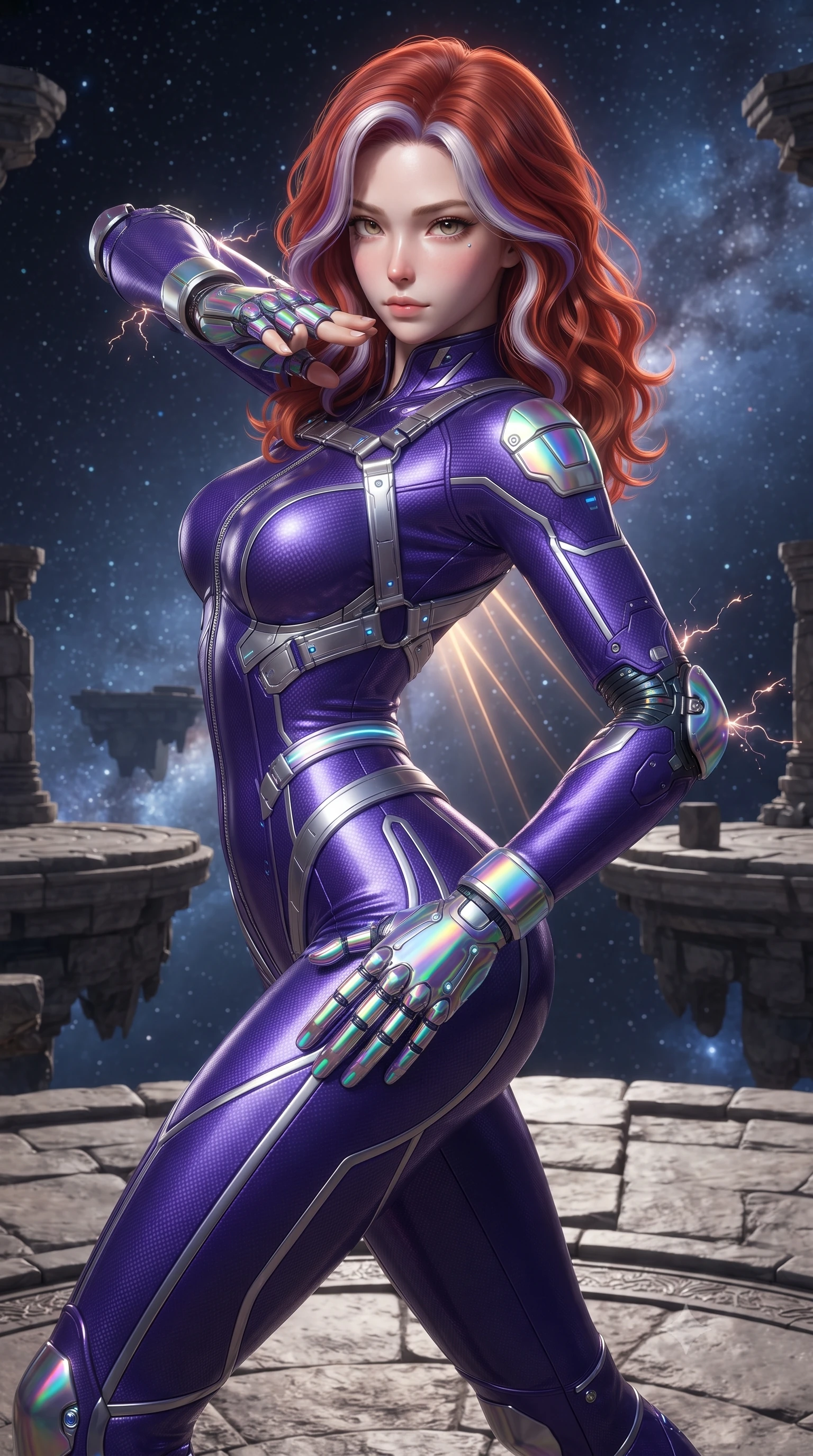 score_9, masterpiece, best quality, ultra-detailed, high-budget anime keyframe, editorial fashion photography, tasteful artistic composition, Caucasian woman. close-up cowboy shot from the waist and thighs up, the character dominates the composition, filling the frame with her large presence. twisting her upper body in a dynamic S-curve martial arts stance, cybernetic elbow dampers emitting subtle electric sparks as she aims a focused palm strike while arching her back gracefully in zero-gravity with arms outstretched in fluid kinetic tension as solar rays trace her torso. The surrounding environment is rendered in vivid detail and crisp panoramic clarity. dramatic orbital chiaroscuro and transcendent high-altitude martial arts architecture in panoramic precision. She has an exceptionally elegant, slender, and willowy female figure with an ultra-slim waist, a gracefully sculpted slender torso, toned flat midriff, and a refined slim silhouette. sharp v-shaped jawline, high-bridge nose, intricate jewel-like eyes with depth, thick eyelashes, glossy lips with a natural sheen, flawlessly proportioned anatomical accuracy, strict slender model proportions, natural body alignment, perfectly sculpted long slender limbs, ultra-slim waistline, clean dynamic posture without body distortion. wearing a precision-fitted royal purple carbon-fiber martial arts suit with silver accents and glowing micro-circuit knuckle plating in high-gloss iridescent rainbow carbon with prism holographic sheen, crafted from ultra-strong woven carbon-fiber composite with a satin luster, reinforced by a sleek titanium kinetic harness and glowing micro-energy straps, the liquid-tight tailored fabric emphasizing every curve of her tall, slender model proportions and sculptured silhouette during dynamic movement. surrounded by an awe-inspiring, serene, and radiantly supreme celestial martial goddess aura. ultra-reflective glossy finish, specular highlights, dark metallic sheen, high-contrast stereoscopic depth, volumetric dynamic lighting, 2k, ultra detail, master piece, 9:16 ratio