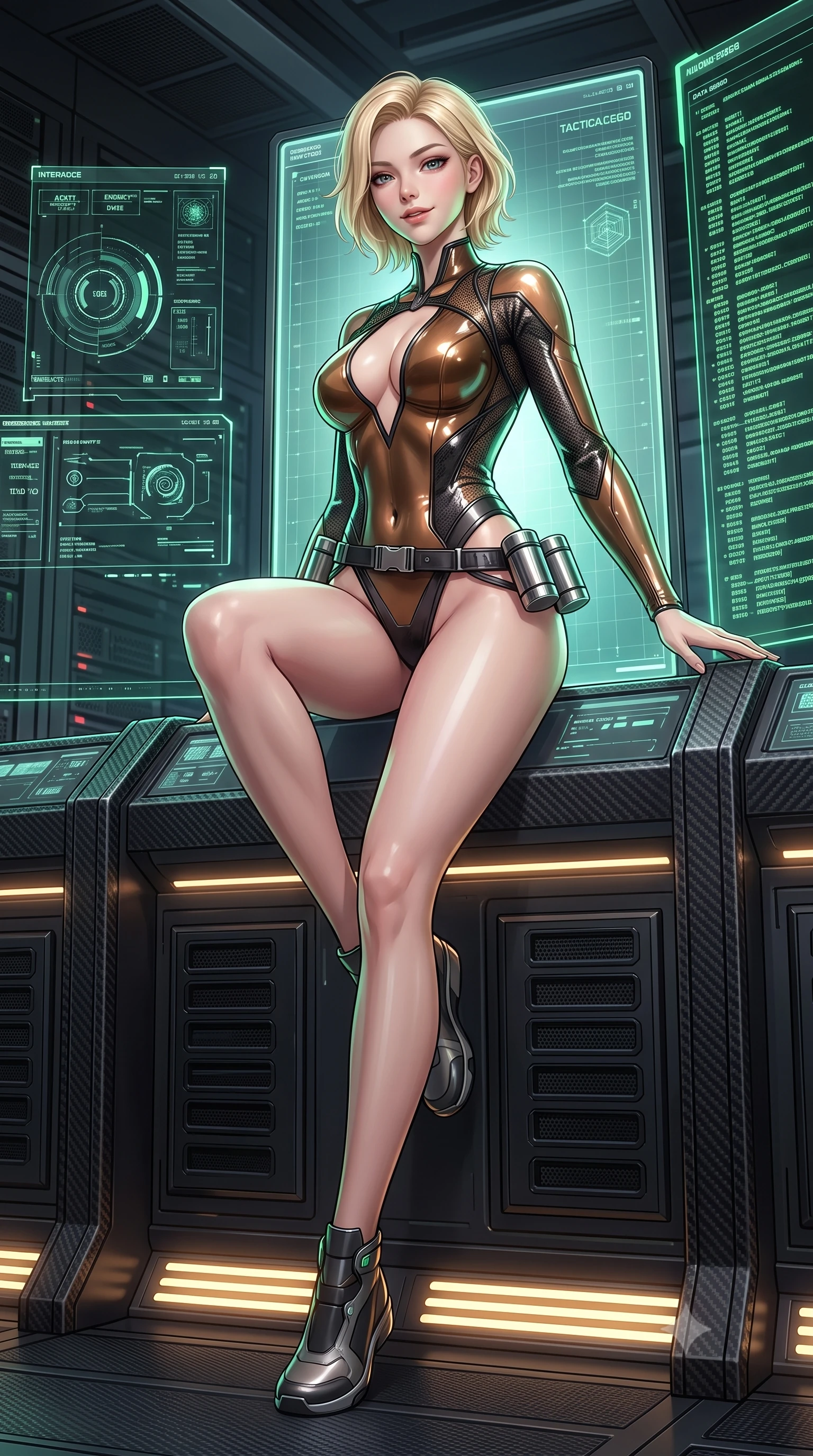 score_9, masterpiece, best quality, ultra-detailed, high-budget anime keyframe, semi-realistic 3D game render, editorial fashion photography, tasteful artistic composition, Caucasian woman. low angle full-body shot from head to toe showing her feet, filling the entire 9:16 vertical frame with her statuesque presence, stretching her vertical silhouette. sitting perched on the elevated maintenance gantry edge with legs crossed and hips angled toward the camera, displaying her toned midriff and long slender limbs with joyful, coquettish charm while standing in a tall commanding posture before towering glowing tactical holoscreens, arching her back with sovereign poise as green code streams cascade. The surrounding environment is rendered in vivid detail and crisp panoramic clarity: sharp holographic interface glyphs, matte black server rack vents, and carbon fiber console framing in deep focus. She has an absolutely perfect, statuesque 8.5-heads proportion, an exceptionally tall and slender model-like female figure with impossibly long slender legs, an ultra-slim waist, a flat toned midriff, narrow delicate ribcage, and beautifully sculpted feminine hips creating a graceful, slim hourglass silhouette without any bulky heaviness. sharp v-shaped jawline, high-bridge nose, intricate jewel-like sparkling eyes with depth, thick eyelashes, glossy parted lips with a natural sheen, bright confident smile with an enchanting and coquettish sensual glint, exuding both youthful magnetic charm and sovereign high-tech allure, flawlessly proportioned anatomical accuracy, strict slender model proportions, natural body alignment, perfectly sculpted long slender limbs, ultra-slim waistline, clean dynamic posture without body distortion. wearing a glossy vinyl and carbon-fiber hybrid bodysuit with a plunging neckline and high-cut leg openings in burnished bronze alloy and smoked glass black, crafted from sheer technical cyber-lace reinforced with ultra-thin Kevlar threads, accented with a sleek utility belt with polished magnetic canisters resting loosely on her curvy hips, the aerodynamic second-skin silhouette tightly following the natural contour of her hips and long slender legs with youthful 8.5-heads elegance. illuminated by glowing console underlights and crisp emerald rim lighting sharply carving her razor-sharp jawline, narrow waist, and curvy hips. highly saturated vibrant anime colors, detailed shading with soft gradients, rich glossy textures, high-contrast stereoscopic depth, volumetric dynamic lighting, master piece, 9:16 ratio