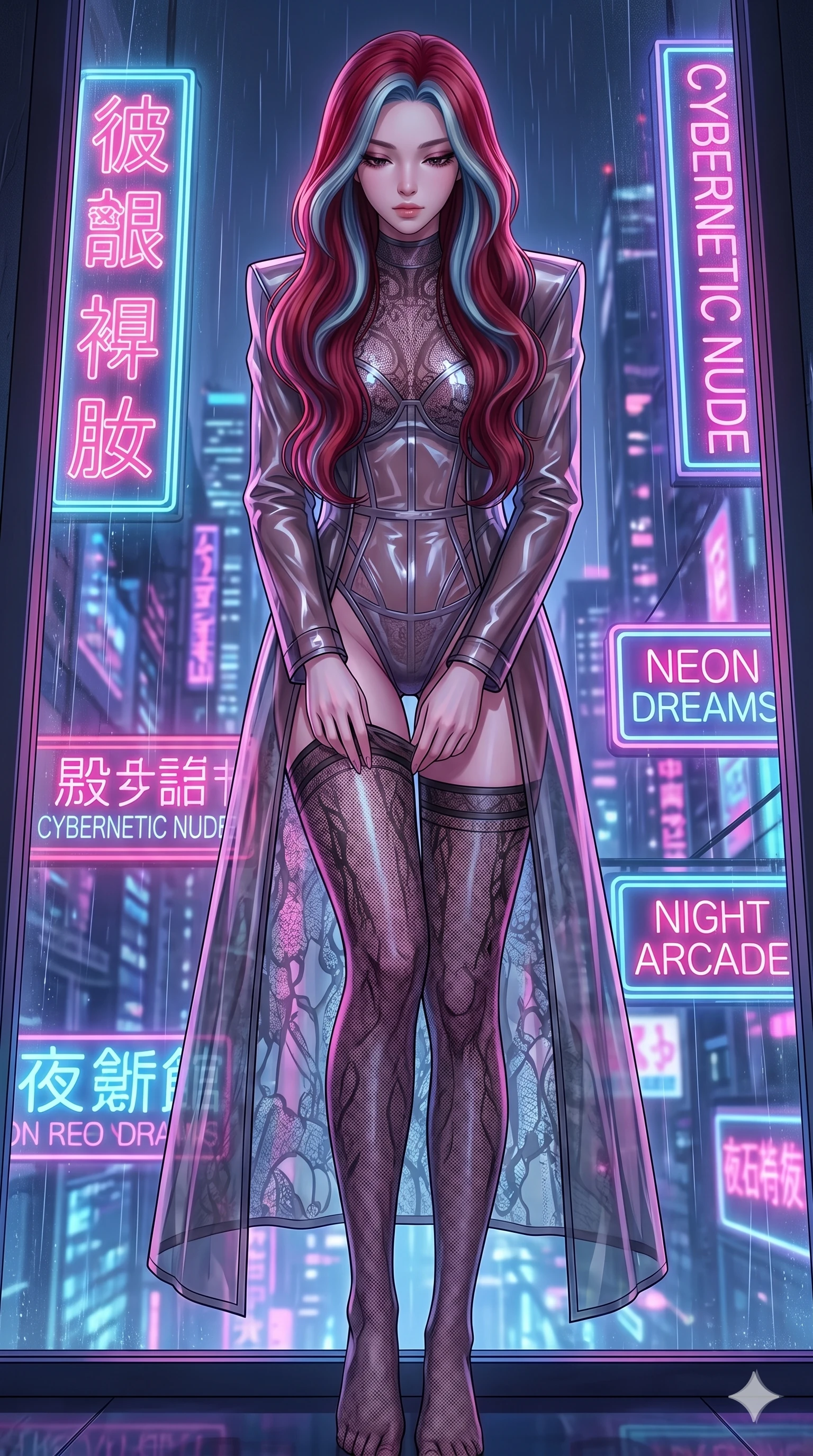 score_9, masterpiece, best quality, ultra-detailed, High-budget Anime Keyframe, East Asian woman. Low angle cowboy shot filling the entire 9:16 frame with her statuesque presence. Scenario 187: Adjusting her thigh-high stocking by a glowing neon window. Her presence is magnetic and overpowering in this high-budget anime scene. Outfit 187: A translucent PVC long with a backless design and translucent layers. The clothing is designed to emphasize her exceptionally tall and slender 8-heads proportion. 8-heads proportion, towering silhouette, ultra-slim waist. sharp v-shaped jawline, intricate jewel-like eyes with depth, thick eyelashes, glossy lips. 2k, ultra detail, master piece, 9:16 ratio