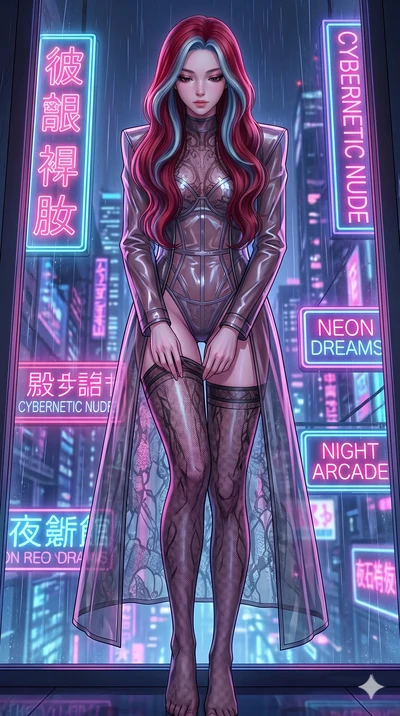 score_9, masterpiece, best quality, ultra-detailed, High-budget Anime Keyframe, East Asian woman. Low angle cowboy shot filling the entire 9:16 frame with her statuesque presence. Scenario 187: Adjusting her thigh-high stocking by a glowing neon wind
