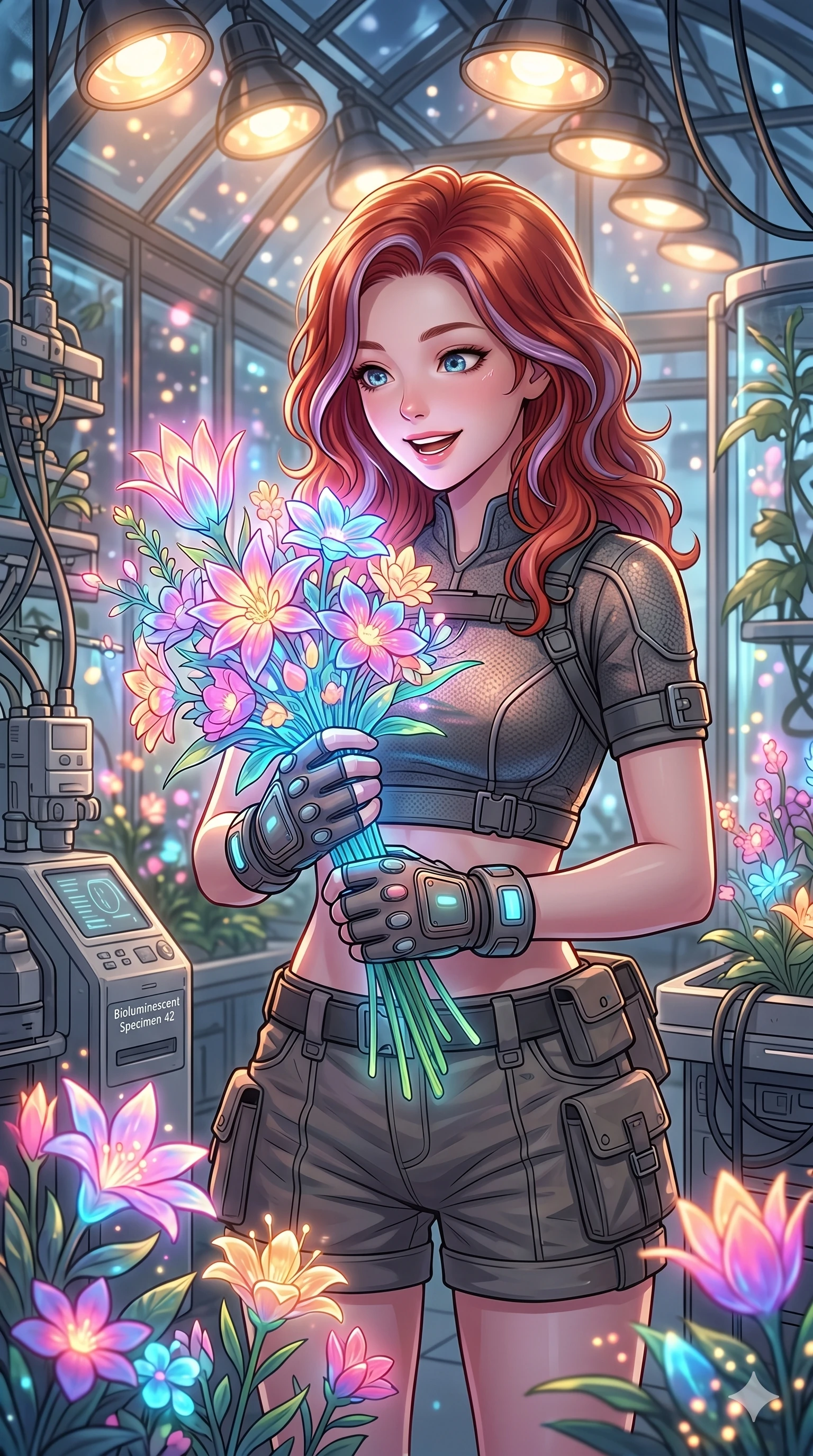 score_9, masterpiece, best quality, ultra-detailed, high-budget anime keyframe, Caucasian woman, strictly human ears. Upper body close-up from the thighs up, character filling the screen for maximum presence. Inside a biotech garden greenhouse, picking glowing flowers, holding a bunch of glowing flowers with a happy, excited expression. She is wearing a cropped tech-wear top, utility shorts, and protective gloves. The scene is lit by warm sun lamps and the soft multi-colored glow of the flowers. 2k, ultra detail, master piece, 9:16 ratio