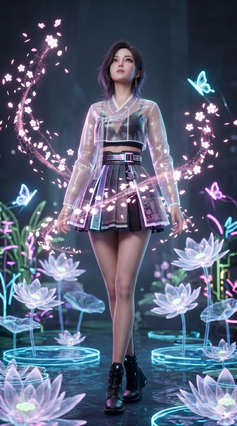 score_9, masterpiece, best quality, ultra-detailed, Semi-realistic 3D Game Render, high-fidelity character model, intricate textures, dynamic particle effects, Unreal Engine 5 aesthetic, crisp 3D depth, Korean woman with idol-like refined features. Low angle cowboy shot filling the entire 9:16 frame with her statuesque presence, looking up to emphasize her height. Summoning a flurry of glowing petals that swirl in a rhythmic dance. She has an absolutely perfect 8-heads proportion, an exceptionally tall and slender female figure with impossibly long slender legs and an ultra-slim waist, her statuesque height and towering silhouette dominating the vertical 9:16 frame. Her face is a masterpiece featuring a sharp v-shaped jawline, high-bridge nose, intricate jewel-like eyes with depth, thick eyelashes, and glossy lips with a natural sheen. She is wearing a Shortened cyber-hanbok skirt with a transparent jeogori, deep plunging neckline, and traditional silk patterns printed on modern tech-fabrics.. The scene is set in a digital garden filled with holographic lotus flowers and neon butterflies. 2k, ultra detail, master piece, 9:16 ratio