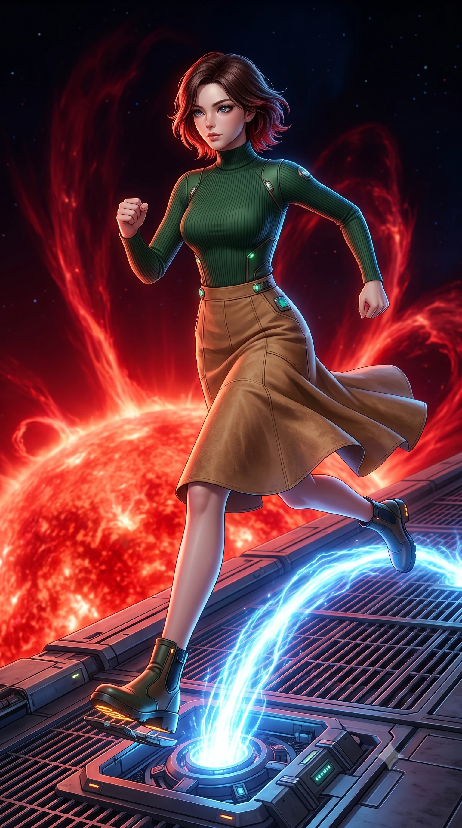 score_9, masterpiece, best quality, ultra-detailed, high-budget anime keyframe, editorial fashion photography, tasteful artistic composition, Korean woman. low angle full-body shot from head to toe showing her feet, filling the entire 9:16 vertical frame with her statuesque presence, stretching her vertical silhouette. running along the outer hull of a giant starship in zero gravity, magnetic boots clinging to a protective shield platform near a red hypergiant star, massive arches of red plasma rising in the background. She has a statuesque 8.5-heads proportion, an exceptionally tall, slender and willowy model-like build with impossibly long legs and a highly sculpted ultra-slim waist. sharp v-shaped jawline, high-bridge nose, intricate jewel-like eyes with depth, thick eyelashes, glossy lips with a natural sheen. wearing tailored for maximum mobility, sleek form-contouring panels that allow fluid movement, a body-hugging high-neck forest green ribbed long-sleeve top paired with a tan suede A-line midi skirt. highly saturated vibrant anime colors, intense vivid color palette, soft 3D volumetric shading, volumetric dynamic lighting, pulsing electric blue plasma arc lighting rising dramatically from below. 2k, ultra detail, master piece, 9:16 ratio