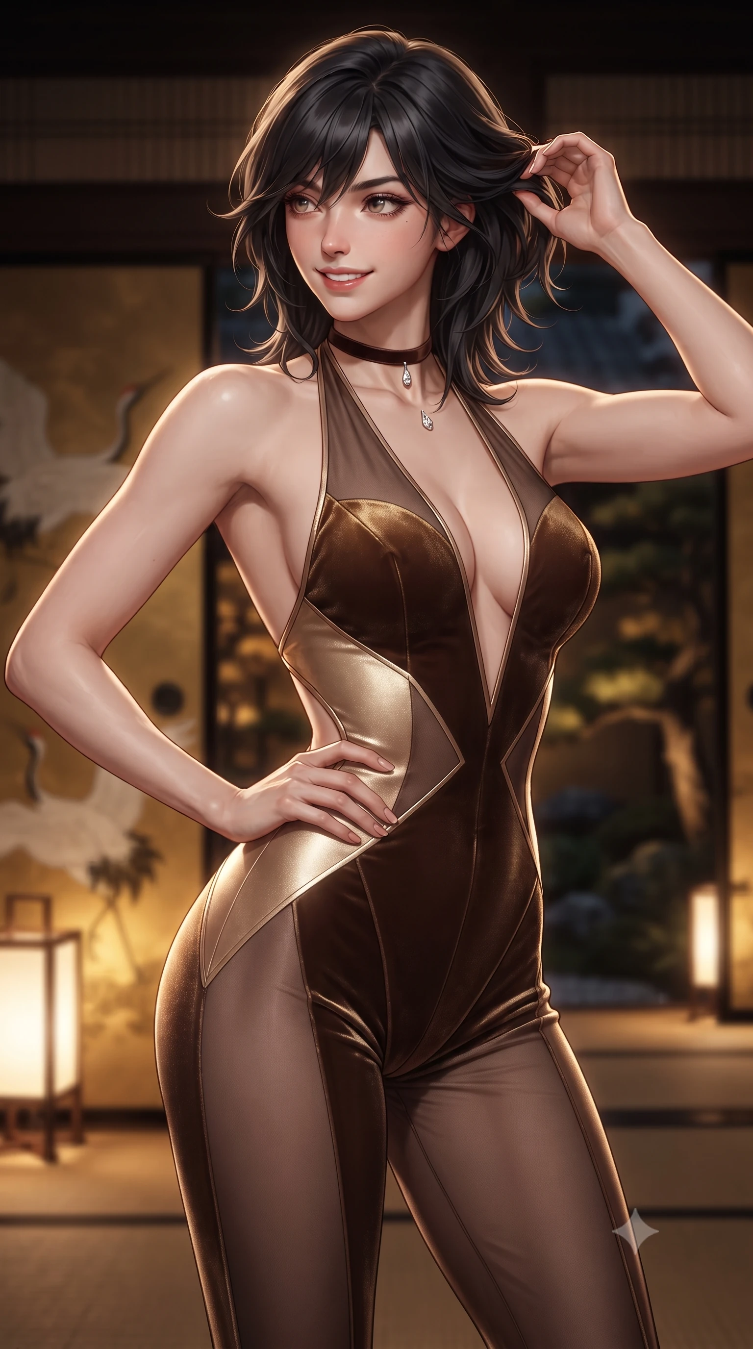 score_9, masterpiece, best quality, ultra-detailed, high-budget anime keyframe, editorial fashion photography, tasteful artistic composition, Caucasian woman. close-up cowboy shot from the waist and thighs up, the character dominates the composition, filling the frame with her large presence. twisting her slender torso in an alluring contrapposto stance, one hand resting on her sculpted hip while her fingers toy with her hair with effortless poise while leaning against the low lacquered wooden veranda railing with hips cocked back, looking into the private inner courtyard with smoldering bedroom-eyes. The background shows a soft-focus hand-painted gold-leaf crane motifs on sliding fusuma doors, glowing andon paper floor lamps, and dark pine courtyard garden blurred into gold, amber, and obsidian bokeh. She has an exceptionally elegant, slender, and willowy female figure with an ultra-slim waist, flat toned midriff, narrow ribcage, and sculpted feminine hips creating an alluring, slim hourglass silhouette without bulk. sharp v-shaped jawline, high-bridge nose, intricate jewel-like sparkling eyes with depth, thick eyelashes, glossy parted lips with a natural peach sheen, bright cheerful beaming smile with an enchanting and coquettish sensual glint, exuding both youthful cute charm and seductive allure, flawlessly proportioned anatomical accuracy, strict slender model proportions, natural body alignment, perfectly sculpted long slender limbs, ultra-slim waistline, clean dynamic posture without body distortion. wearing a provocative backless sheer illusion halter catsuit with strategic velvet geometric panels hugging her hourglass waist in Oia starlight bronze and radiant champagne gold, tailored from ultra-plush silk velvet with rich tactile depth and deep shadow gradients, finished with a thin velvet ribbon choker and a single teardrop diamond pendant, the precision-cut side openings and low-back scoop framing her graceful spine and the sensual sweep of her slim, toned hips. illuminated by black lacquer reflection fill and sharp champagne-gold rim lights defining her dewy collarbones, ultra-slim waist, and curvy hips. ultra-reflective glossy finish, specular highlights, rich textural contrasts, high-contrast stereoscopic depth, volumetric dynamic lighting, 2k, ultra detail, master piece, 9:16 ratio