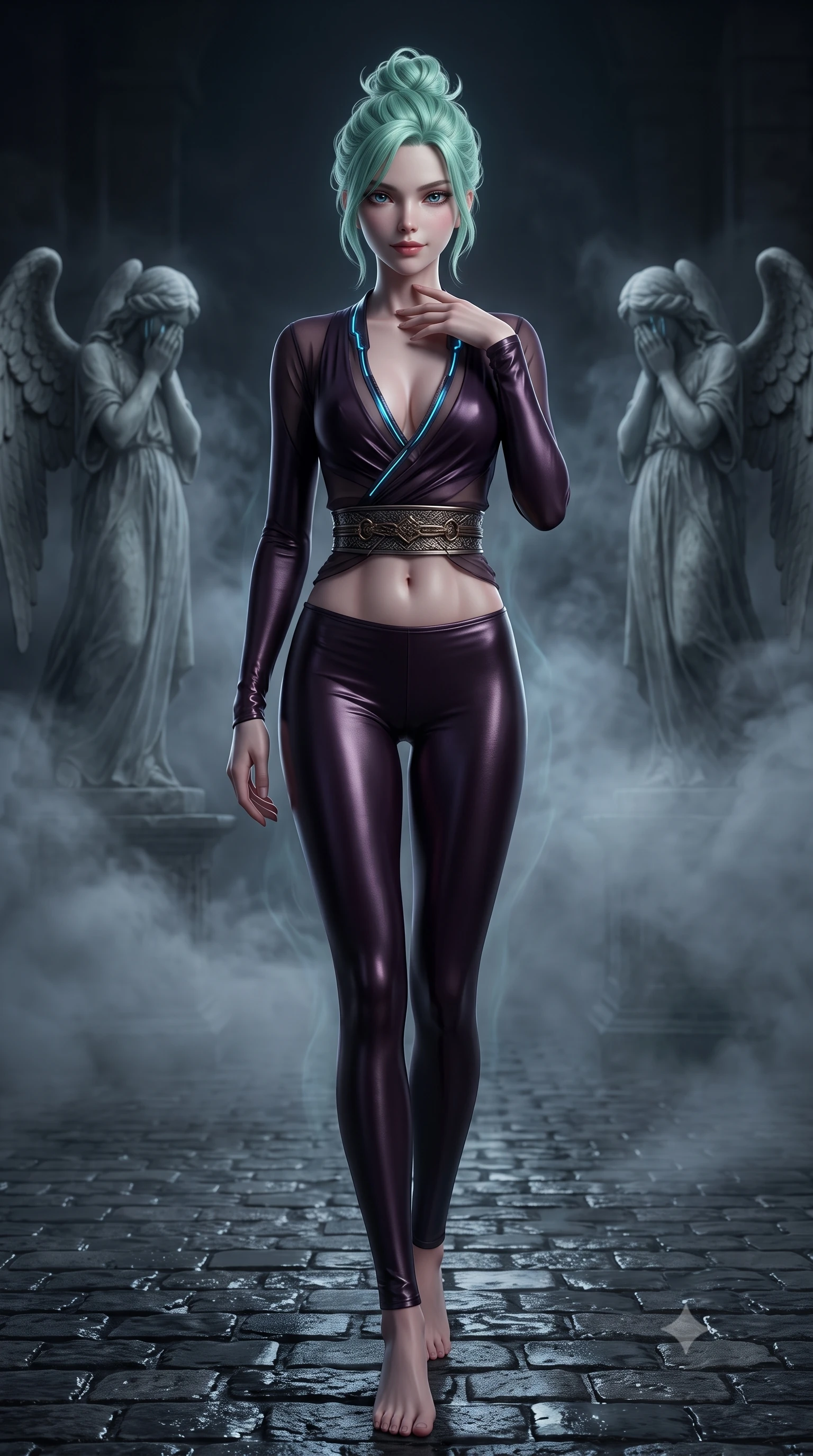 score_9, masterpiece, best quality, ultra-detailed, high-budget anime keyframe, semi-realistic 3D game render, editorial fashion photography, tasteful artistic composition, Japanese woman. low angle full-body shot from head to toe showing her feet, filling the entire 9:16 vertical frame with her statuesque presence, stretching her vertical silhouette. striding forward in a proud, statuesque motion with a dangerous smolder, hips swaying with fierce allure, dominating the frame from head to toe while resting her fingers lightly against her throat with a seductive, haunting half-smile looking into the camera lens. The surrounding environment is rendered in vivid detail and crisp panoramic clarity. sharp fog vapor swirls, weeping angel stone feathers, and wet cobblestone reflections in high clarity. She has an absolutely perfect, statuesque 8.5-heads proportion, an exceptionally tall and slender model-like female figure with impossibly long slender legs, a toned flat midriff, and an ultra-slim waist. sharp v-shaped jawline, high-bridge nose, intricate jewel-like eyes with depth, thick eyelashes, glossy lips with a natural sheen, flawlessly proportioned anatomical accuracy, strict slender model proportions, natural body alignment, perfectly sculpted long slender limbs, ultra-slim waistline, clean dynamic posture without body distortion. wearing a shortened dark gothic-fusion wrap top with transparent chiffon panels, a deep crossover neckline, and a metallic waist sash in dark plum purple and antique bronze hardware, made of liquid metal jersey that clings flawlessly to every contour of her build, featuring a dangerously unzipped neckline framed by subtle glowing cybernetic accents, the liquid-tight tailored fabric emphasizing every curve of her tall, slender model proportions and sculptured silhouette during dynamic movement. surrounded by a haunting, ethereal, and irresistibly seductive nocturnal siren aura. rich saturated anime colors with deep moody shadows, detailed chiaroscuro shading with soft gradients, rich glossy textures, high-contrast stereoscopic depth, volumetric dynamic shadow lighting, master piece, 9:16 ratio