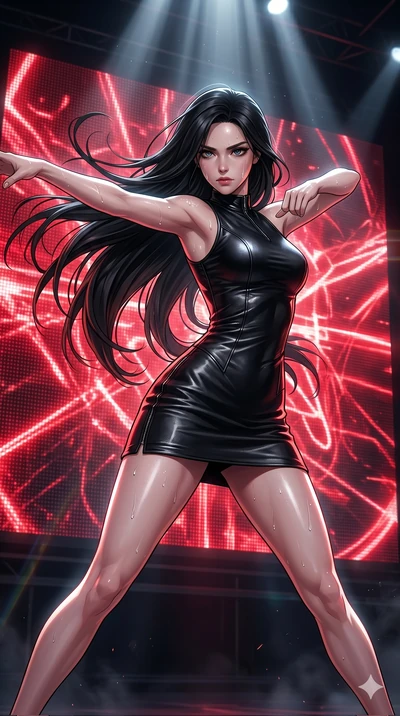 score_9, score_8_up, score_7_up, source_anime, masterpiece, best quality, ultra-detailed, same character with long flowing black hair, wearing the same outfit of black leather mini dress, upper body shot from thigh up, intense choreography pose, swea