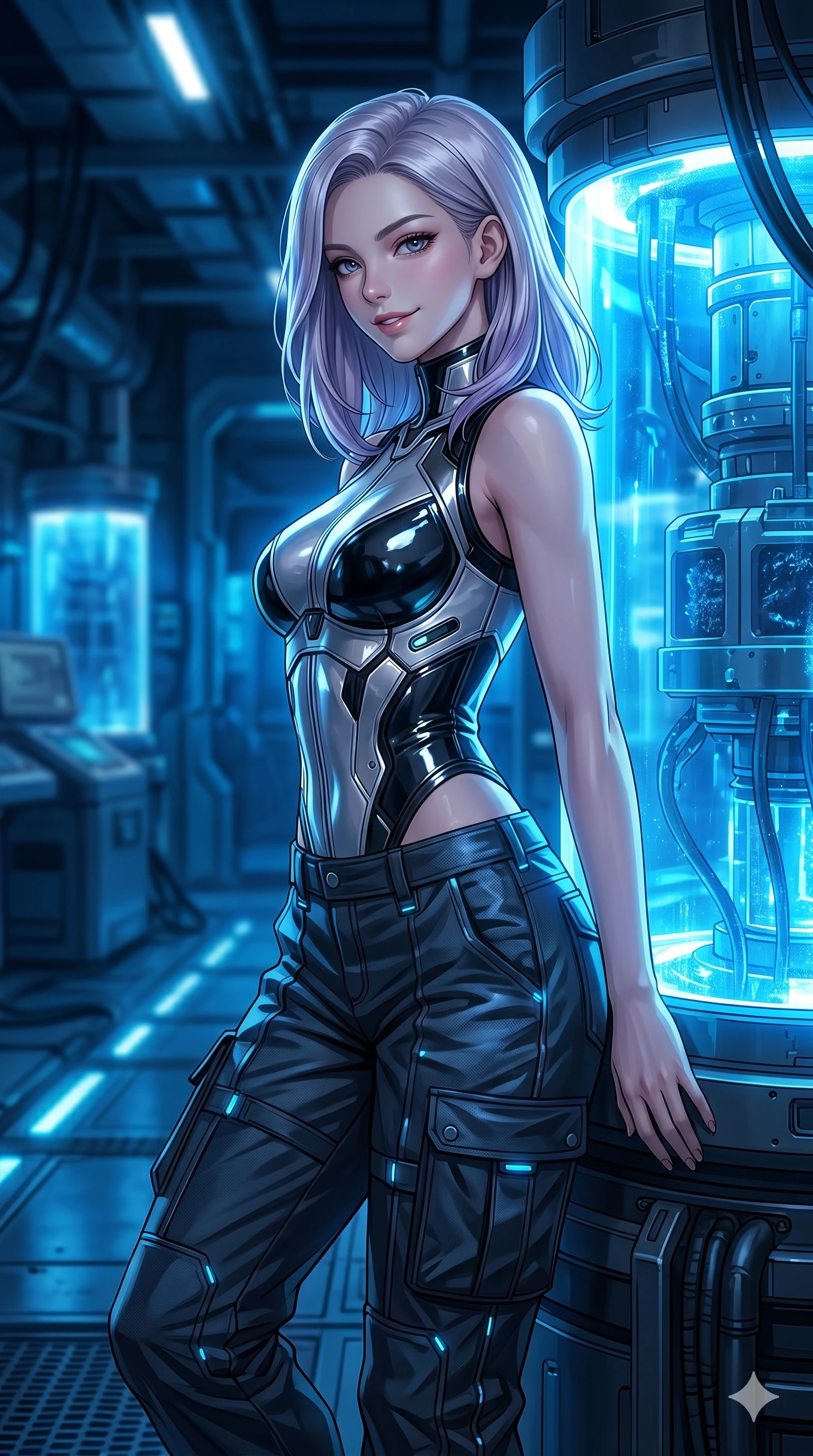 score_9, masterpiece, best quality, ultra-detailed, high-budget anime keyframe, editorial fashion photography, tasteful artistic composition, Caucasian woman, strictly human ears. Upper body close-up from the thighs up, character filling the screen for maximum presence. Standing next to a glowing bio-reactor tank, leaning against the tank, looking back with a confident, proud smile. She is wearing a structured cybernetic bodice with glossy vinyl panels and cargo pants. The scene is illuminated by the intense pulsing blue light of the bio-reactor. 2k, ultra detail, master piece, 9:16 ratio