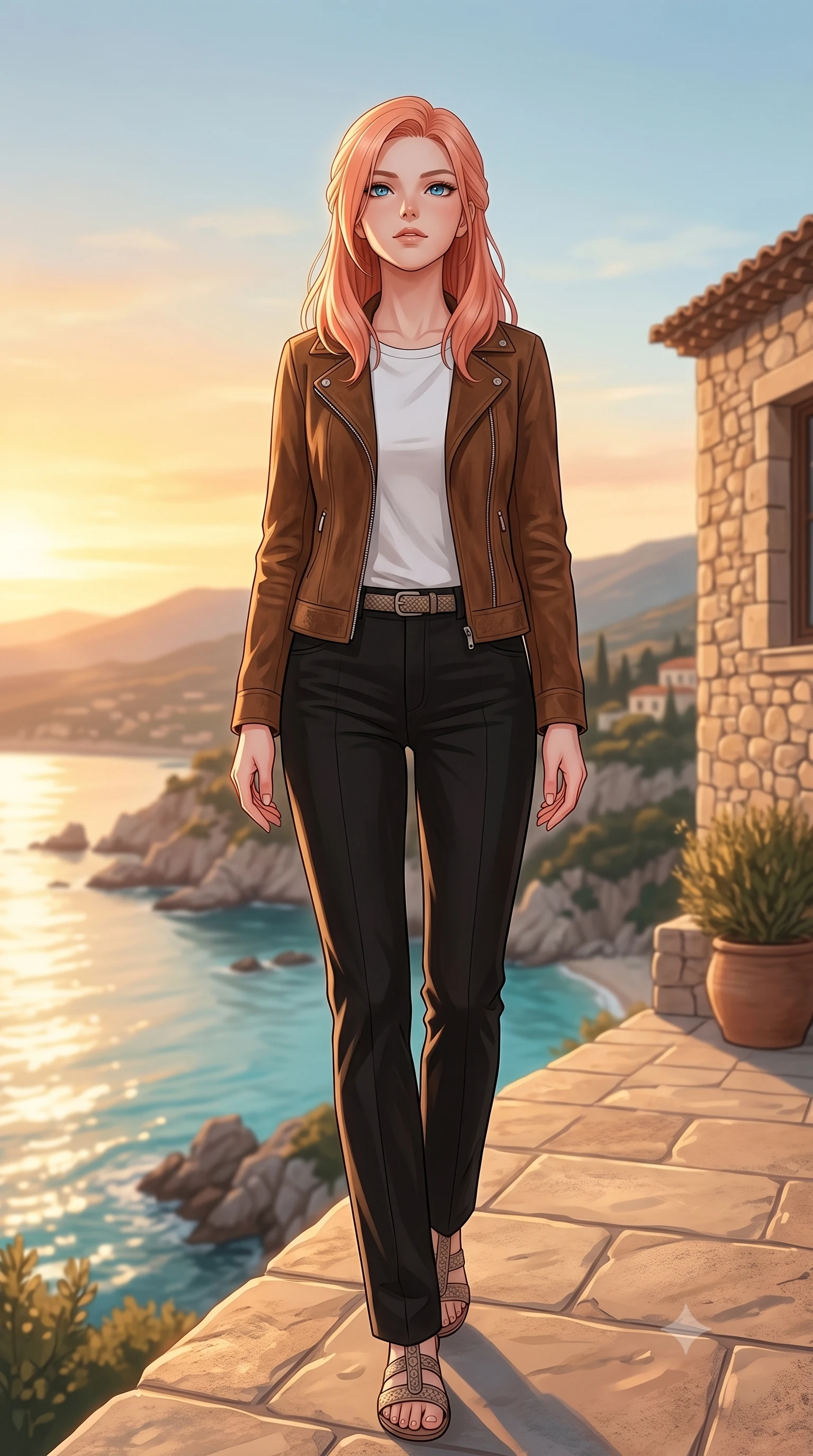score_9, masterpiece, best quality, ultra-detailed, high-budget anime keyframe, editorial fashion photography, tasteful artistic composition, Japanese woman woman. low angle full-body shot from head to toe showing her feet, filling the entire 9:16 vertical frame with her statuesque presence, stretching her vertical silhouette. standing proud on a scenic cliff overlooking the valley, her silhouette framed by the golden sky the background shows a soft-focus a stone terrace of a coastal villa overlooking a rocky bay with turquoise water. She has an absolutely perfect, statuesque 8.5-heads proportion, an exceptionally tall and slender model-like female figure with impossibly long slender legs and an ultra-slim waist. sharp v-shaped jawline, high-bridge nose, intricate jewel-like eyes with depth, thick eyelashes, glossy lips with a natural sheen. wearing a slim-fit classic brown suede jacket over a white crewneck tee and black straight trousers. warm afternoon sunbeams reflecting off the ocean surface onto the terrace. 2k, ultra detail, master piece, 9:16 ratio