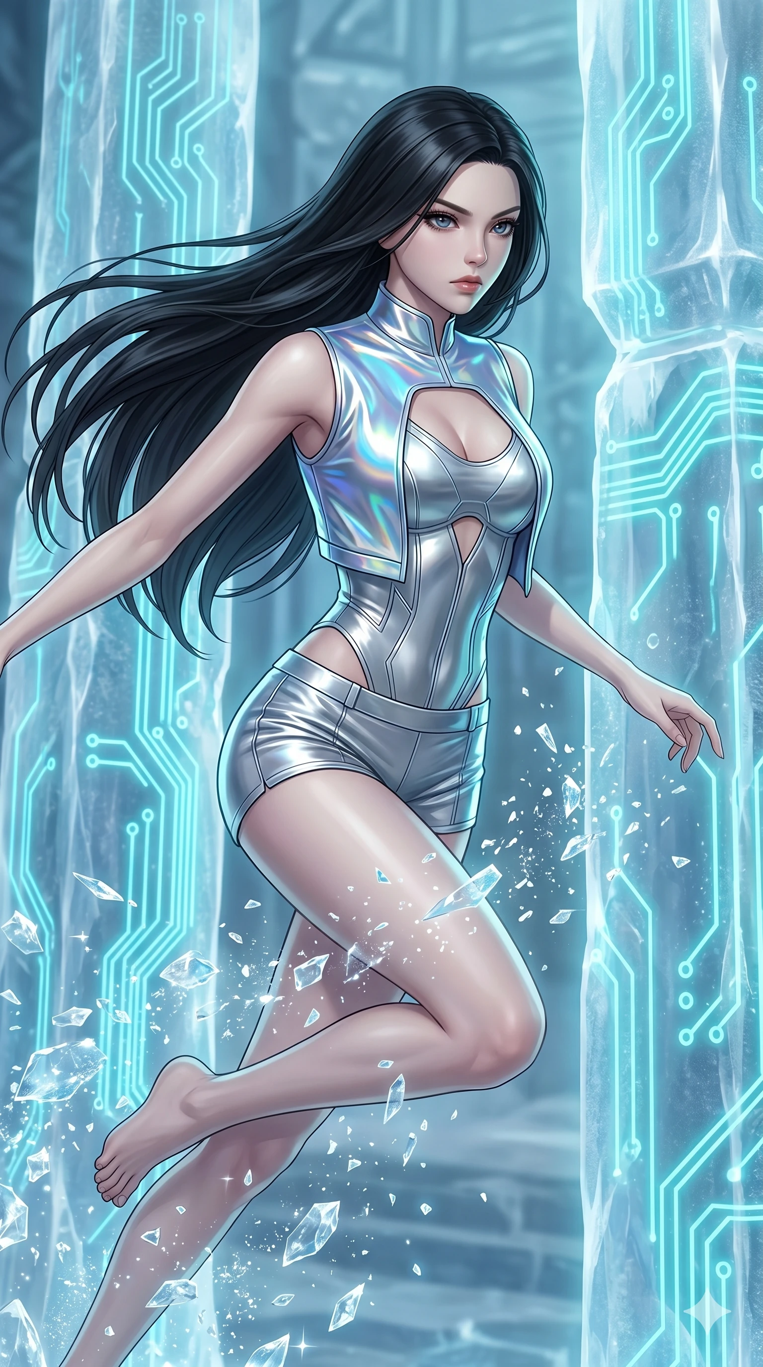 score_9, masterpiece, best quality, ultra-detailed, high-budget anime keyframe, Korean woman. upper body close-up from the thighs up, character filling the screen for maximum presence. leaping inside a sub-zero cybernetic ice temple, where glowing neon cyan computer circuit boards are frozen within translucent ice pillars, fracturing ice crystals into sparkles around her. She has an absolutely perfect 8-heads proportion, an exceptionally tall and slender female figure with impossibly long slender legs and an ultra-slim waist. V-shaped jawline, high-bridge nose, intricate jewel-like eyes with depth, thick eyelashes, glossy lips with a natural sheen.. wearing a holographic liquid silk vest and silver metallic tailored tailored mini shorts, featuring a keyhole cutout and architectural silhouette. lit by a soft glowing ambient light and a sharp side key light that traces the sleek contours of her athletic build. 2k, ultra detail, master piece, 9:16 ratio