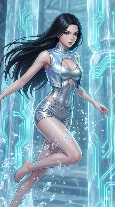 score_9, masterpiece, best quality, ultra-detailed, high-budget anime keyframe, Korean woman. upper body close-up from the thighs up, character filling the screen for maximum presence. leaping inside a sub-zero cybernetic ice temple, where glowing ne