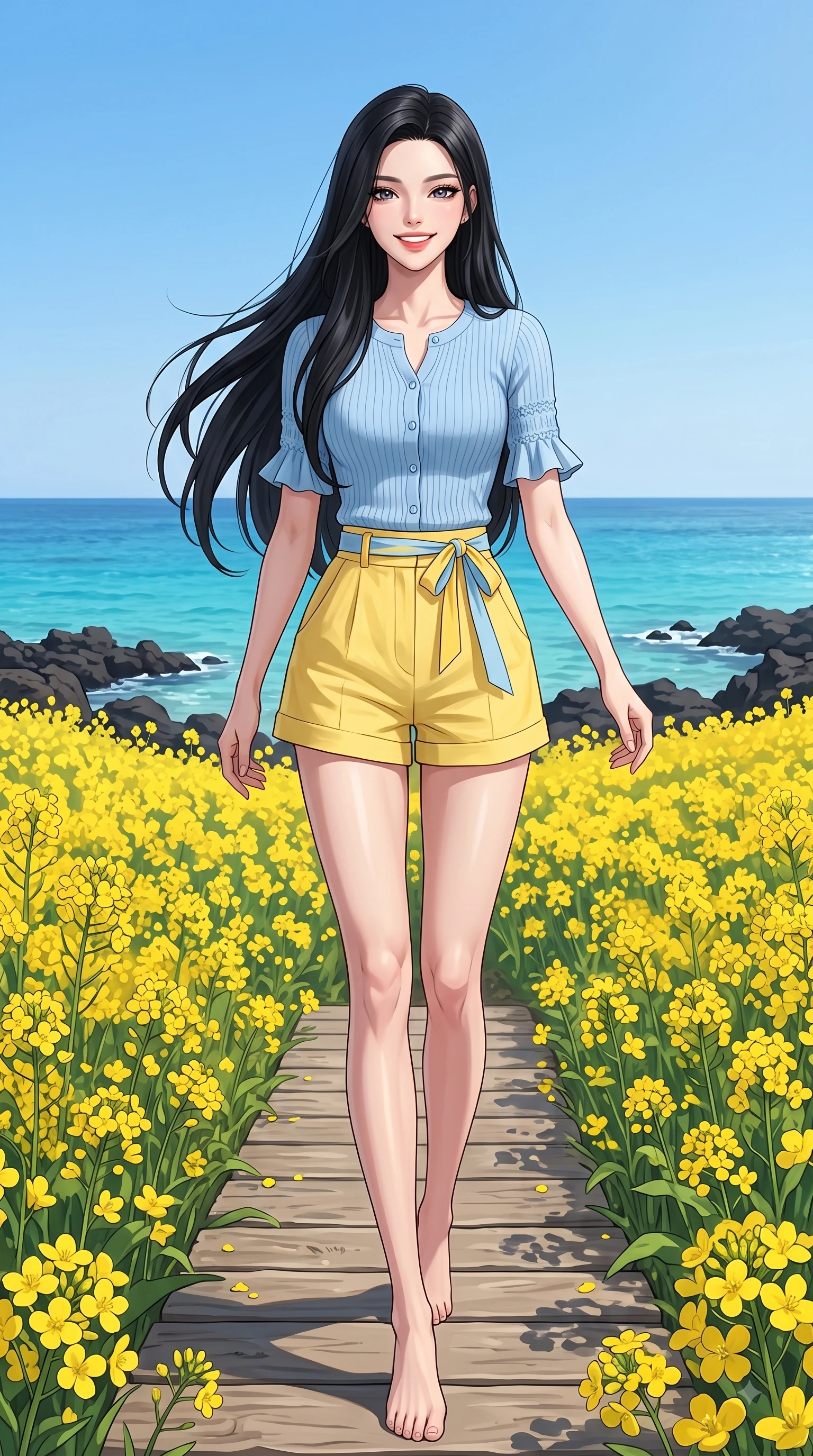 score_9, masterpiece, best quality, ultra-detailed, high-budget anime keyframe, editorial fashion photography, tasteful artistic composition, Korean woman. low angle full-body shot from head to toe showing her feet, filling the entire 9:16 vertical frame with her statuesque presence, stretching her vertical silhouette. walking forward in a proud dynamic stride with a cheerful beaming smile, her vertical silhouette filling the frame while sitting playfully on a wooden bench surrounded by yellow canola flower fields with a radiant beaming smile. The surrounding environment is rendered in vivid detail and crisp panoramic clarity. blooming yellow canola flower fields, dark basalt sea rocks, and crystal-clear turquoise ocean stretching to the horizon. She has an absolutely perfect, statuesque 8.5-heads proportion, an exceptionally tall and slender model-like female figure with impossibly long slender legs and an ultra-slim waist. sharp v-shaped jawline, high-bridge nose, intricate jewel-like eyes with depth, thick eyelashes, glossy lips with a natural sheen, flawlessly proportioned anatomical accuracy, natural body alignment, perfectly sculpted elegant limbs, clean dynamic posture without body distortion. wearing a sky-blue ribbed short-sleeve cardigan with high-waist linen shorts and a dainty waist sash in sunny daffodil yellow and clear sky blue, knitted from soft cozy cashmere yarn, accented with soft smocked details and fluttery cuffs, the relaxed yet flattering fit accentuating her naturally graceful and slender figure. surrounded by a fresh, sun-drenched, and relaxing vacation atmosphere. highly saturated vibrant anime colors, detailed shading with soft gradients, rich glossy textures, high-contrast stereoscopic depth, volumetric dynamic lighting, master piece, 9:16 ratio