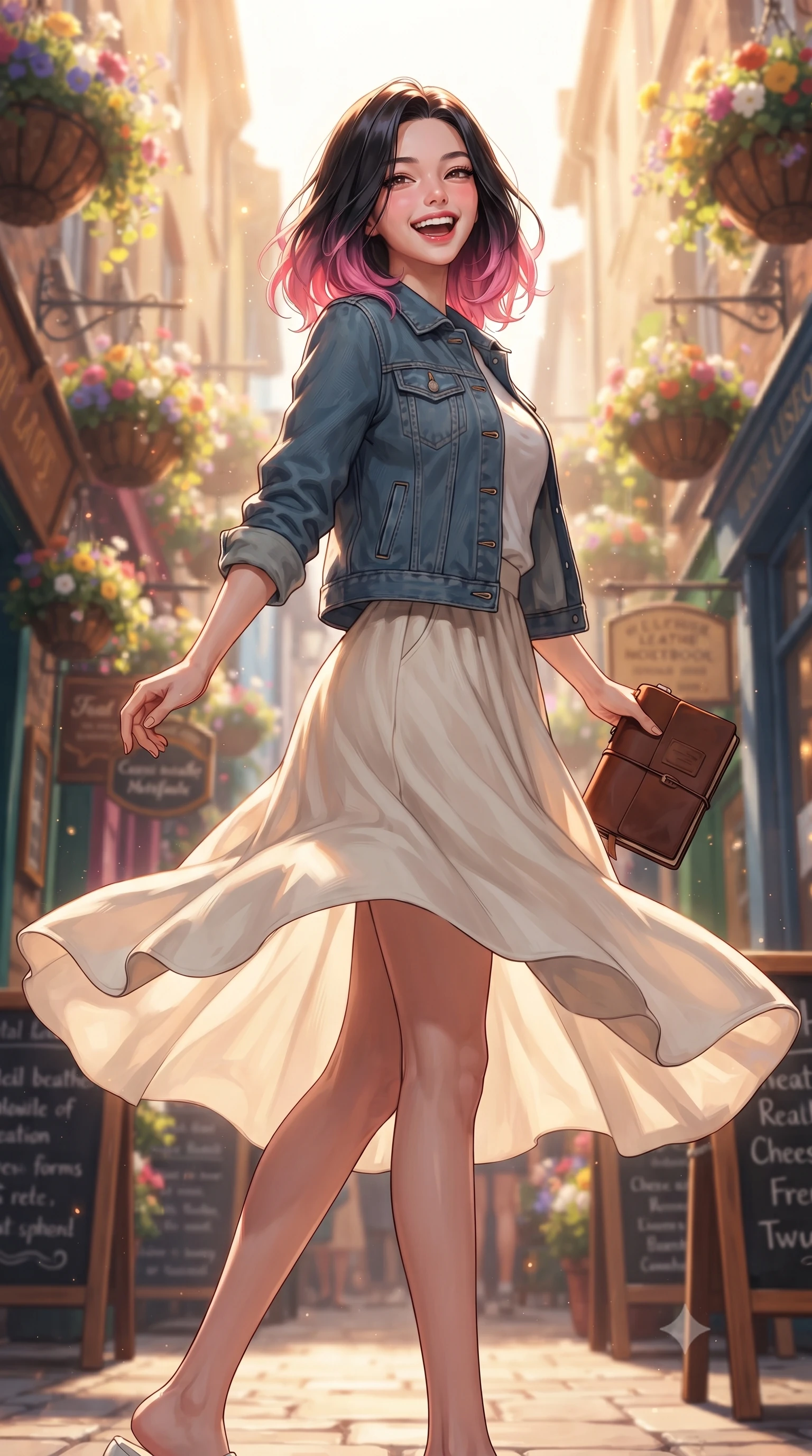 score_9, masterpiece, best quality, ultra-detailed, high-budget anime keyframe, editorial fashion photography, tasteful artistic composition, Korean woman. low angle full-body shot from head to toe showing her feet, filling the entire 9:16 vertical frame with her statuesque presence, stretching her vertical silhouette. twirling around with a playful, sensual laugh, her dress fluttering elegantly to accent her waistline set against a soft-focus background of in a colorful alley decorated with hanging flower baskets and wooden signs holding a classic leather notebook bought from the stationery shop. She has an absolutely perfect, statuesque 8.5-heads proportion, an exceptionally tall and slender model-like female figure with impossibly long slender legs and an ultra-slim waist. sharp v-shaped jawline, high-bridge nose, intricate jewel-like eyes with depth, thick eyelashes, glossy lips with a natural sheen. wearing form-contouring casual denim jacket worn over a simple white tee and a long cotton skirt. warm afternoon sunlight filtering down between the narrow alley buildings. ultra-reflective glossy finish, specular highlights, metallic sheen, high-contrast stereoscopic depth, volumetric dynamic lighting, 2k, ultra detail, master piece, 9:16 ratio