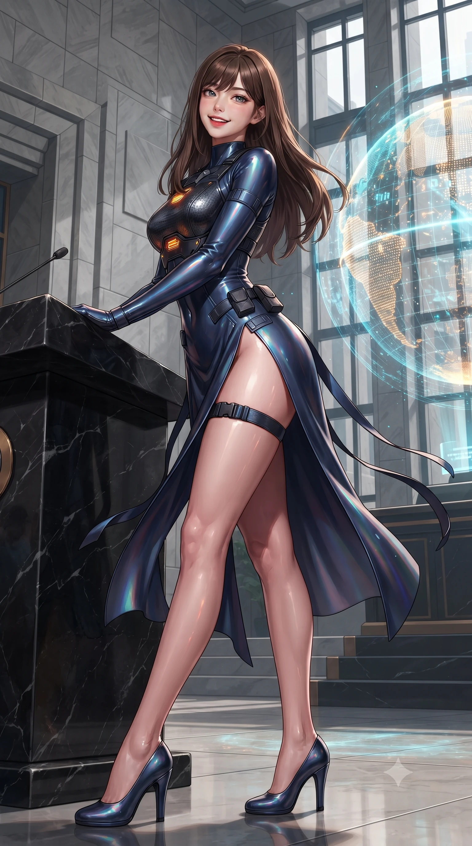 score_9, masterpiece, best quality, ultra-detailed, high-budget anime keyframe, editorial fashion photography, tasteful artistic composition, Korean woman. low angle full-body shot from head to toe showing her feet, filling the entire 9:16 vertical frame with her statuesque presence, stretching her vertical silhouette. executing a cheerful mid-motion pivot turn as her tactical belt and ribbons flutter around her slender legs, glancing over her shoulder with an intoxicating, teasing bedroom-gaze while leaning against the black marble council podium with hips cocked back, looking into the lens with an intoxicating, commanding bedroom-gaze. The surrounding environment is rendered in vivid detail and crisp panoramic clarity: detailed tailored suit texture, digital data reflections on skin, and monumental government architecture in razor-sharp precision. She has an absolutely perfect, statuesque 8.5-heads proportion, an exceptionally tall and slender model-like female figure with impossibly long slender legs, an ultra-slim waist, a flat toned midriff, narrow delicate ribcage, and beautifully sculpted feminine hips creating a graceful, slim hourglass silhouette without any bulky heaviness. sharp v-shaped jawline, high-bridge nose, intricate jewel-like sparkling eyes with depth, thick eyelashes, glossy parted lips with a natural sheen, bright confident smile with an enchanting and coquettish sensual glint, exuding both youthful magnetic charm and sovereign high-tech allure, flawlessly proportioned anatomical accuracy, strict slender model proportions, natural body alignment, perfectly sculpted long slender limbs, ultra-slim waistline, clean dynamic posture without body distortion. wearing a cyber-samurai tactical suit featuring a shortened carbon chestplate and high-slit armored wrap skirt in midnight navy blue and holographic iridescent shimmer, made of smooth liquid latex with high-contrast stereoscopic depth and wet shine, accented with subtle hexagonal heat-sink vents glowing with dim orange thermal heat, the high-waisted tailoring accentuating her ultra-slim waistline and the enchanting curve of her feminine hips with alluring dark charm. bathed in regal gold and cyan holographic light radiating from the floating globe matrix. ultra-reflective glossy finish, specular highlights, rich textural contrasts, high-contrast stereoscopic depth, volumetric dynamic lighting, 2k, ultra detail, master piece, 9:16 ratio