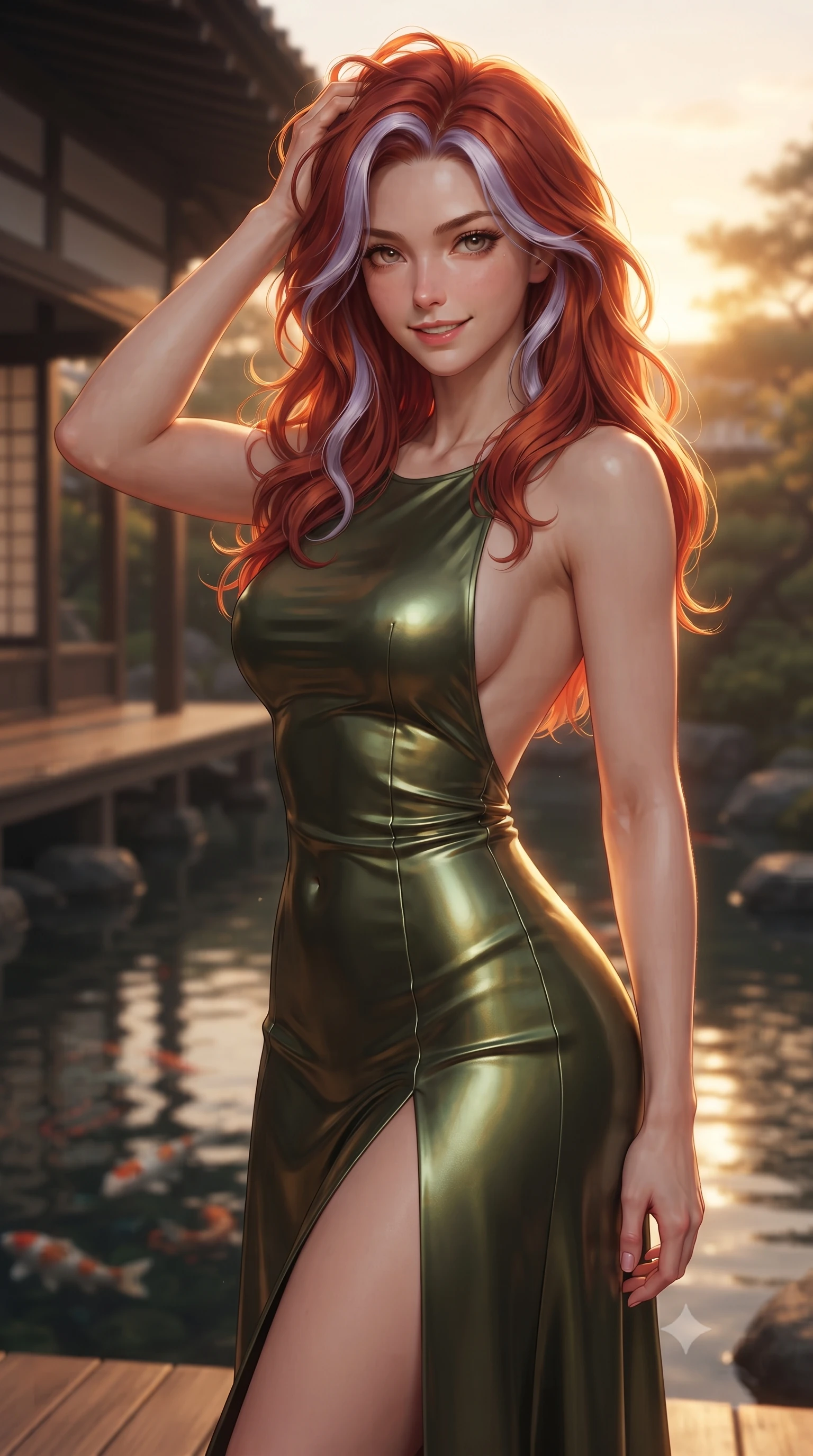 score_9, masterpiece, best quality, ultra-detailed, high-budget anime keyframe, editorial fashion photography, tasteful artistic composition, Caucasian woman. close-up cowboy shot from the waist and thighs up, the character dominates the composition, filling the frame with her large presence, background elements kept in soft focus. smiling with quiet, magnetic self-assurance directly into the camera, running a hand through her hair the background shows a soft-focus a traditional cypress wood veranda facing a calm Zen pond with koi fish. She has an exceptionally elegant, slender, and willowy female figure with an ultra-slim waist, a gracefully sculpted slender torso, and a refined silhouette. sharp v-shaped jawline, high-bridge nose, intricate jewel-like eyes with depth, thick eyelashes, glossy lips with a natural sheen. wearing a slim-fit dramatic open-back maxi dress in olive green, featuring a high thigh slit. warm golden hour sunset tracing her silhouette with a soft glowing rim light. ultra-reflective glossy finish, specular highlights, metallic sheen, high-contrast stereoscopic depth, volumetric dynamic lighting, 2k, ultra detail, master piece, 9:16 ratio