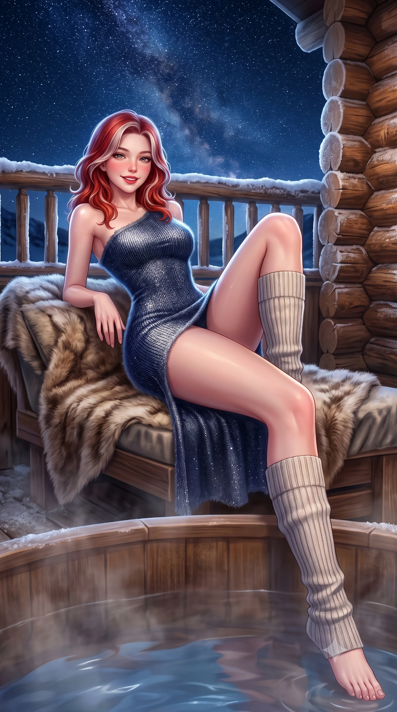 score_9, masterpiece, best quality, ultra-detailed, high-budget anime keyframe, semi-realistic 3D game render, editorial fashion photography, tasteful artistic composition, Caucasian woman. low angle full-body shot from head to toe showing her feet, filling the entire 9:16 vertical frame with her statuesque presence, stretching her vertical silhouette. reclining languidly on her side across the fur-draped daybed with one knee drawn up, her radiant smile and arched hip curve commanding the 9:16 vertical frame with youthful sensual charisma while lounging in an outdoor heated wooden tub propped on one elbow, her long slender legs and flat midriff commanding the frame with enchanting allure. The surrounding environment is rendered in vivid detail and crisp panoramic clarity. sharp hand-hewn Siberian cedar log bark, frost rime on wooden railings, and crystal-clear star cluster clarity in deep focus. She has an exceptionally tall and slender model-like 8.5-heads proportion, an ultra-slim waist, a flat toned midriff, narrow delicate ribcage, and beautifully sculpted feminine hips creating a graceful, slim hourglass silhouette without any bulky heaviness, with impossibly long slender legs. sharp v-shaped jawline, high-bridge nose, sparkling ice-crystal eyes with depth, frosty thick lashes, glossy parted lips with a rosy berry sheen, bright playful smile with an intoxicating seductive glint, rosy flushed cheeks radiating cozy warmth and dangerous allure, flawlessly proportioned anatomical accuracy, strict slender model proportions, natural body alignment, perfectly sculpted long slender limbs, ultra-slim waistline, clean dynamic posture without body distortion. wearing an asymmetrical one-shoulder metallic knit dress hugging her narrow waist and rounded hips in midnight navy and starlight silver, tailored from plush brushed mohair with delicate fuzzy halo texture, complemented by cozy ribbed wool knee-high leg warmers accentuating her slender legs, the liquid-tight tailored fabric clinging flawlessly to her narrow waist and rounded feminine hips, emphasizing every millimeter of her sculpted slim hourglass curves without any bulky heaviness. illuminated by steaming water caustics and sharp platinum rim lights defining her sculpted collarbones, ultra-slim waist, and curvy hips. highly saturated vibrant anime colors, detailed shading with soft gradients, rich glossy textures, high-contrast stereoscopic depth, volumetric dynamic lighting, master piece, 9:16 ratio