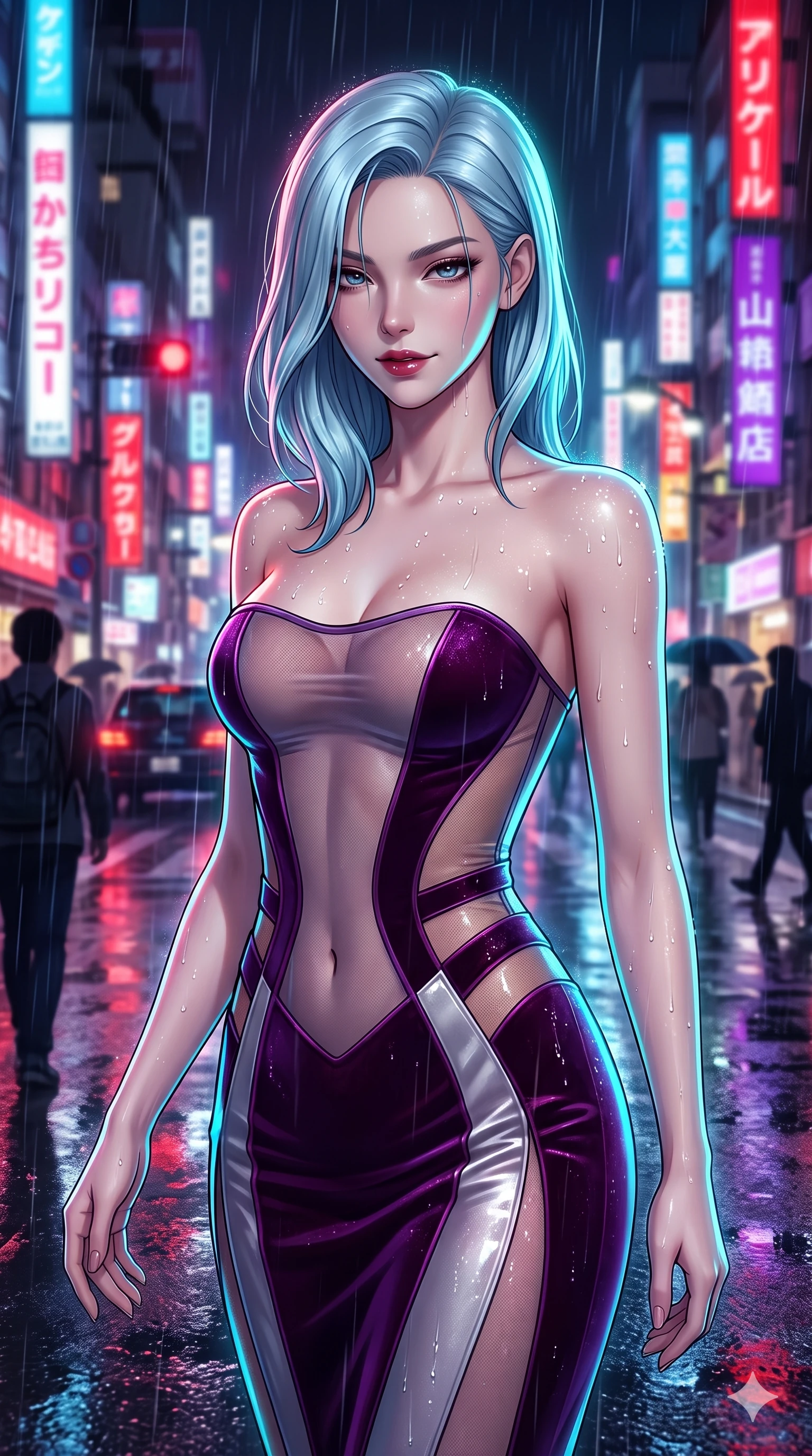score_9, masterpiece, best quality, ultra-detailed, high-budget anime keyframe, semi-realistic 3D game render, editorial fashion photography, tasteful artistic composition, Korean woman. close-up cowboy shot from the waist and thighs up, the character dominates the composition, filling the frame with her large presence. glancing down over lowered lashes before meeting the camera with quiet, devastating intensity, her tailored outfit tracing her ultra-slim waist and hips while stepping forward into the rain-streaked neon light, head tilted slightly as her smoldering gaze captivates the lens. The background shows a soft-focus bustling rainy Tokyo night streetscape softened in metropolitan shallow focus. She has an exceptionally elegant, slender, and willowy female figure with an ultra-slim waist, flat toned midriff, narrow ribcage, and sculpted feminine hips creating an alluring, slim hourglass silhouette without bulk. sharp v-shaped jawline, high-bridge nose, intricate jewel-like dark sparkling eyes with dangerous depth, thick curled eyelashes, glossy parted lips with a rich wine sheen, smoldering seductive half-smile with bedroom-eyes, exuding effortless superiority and intoxicating dark allure, flawlessly proportioned anatomical accuracy, strict slender model proportions, natural body alignment, perfectly sculpted long slender limbs, ultra-slim waistline, clean dynamic posture without body distortion. wearing a sheer-illusion mesh corset gown with strategic opaque velvet panels framing her waist and hips in royal amaranth purple and liquid platinum, featuring strategic sheer-illusion micro-mesh cutouts along her ribcage and hip flanks, finished with glistening rain droplets beading across her sculpted shoulders and flat midriff, the bespoke structured tailoring following the natural line of her 8.5-heads silhouette with refined elegance. illuminated by mirror-wet road surface bounce and sharp electric-cyan rim lights defining her razor-sharp jawline, narrow waist, and curvy hips. highly saturated vibrant anime colors, detailed shading with soft gradients, rich glossy textures, high-contrast stereoscopic depth, volumetric dynamic lighting, master piece, 9:16 ratio